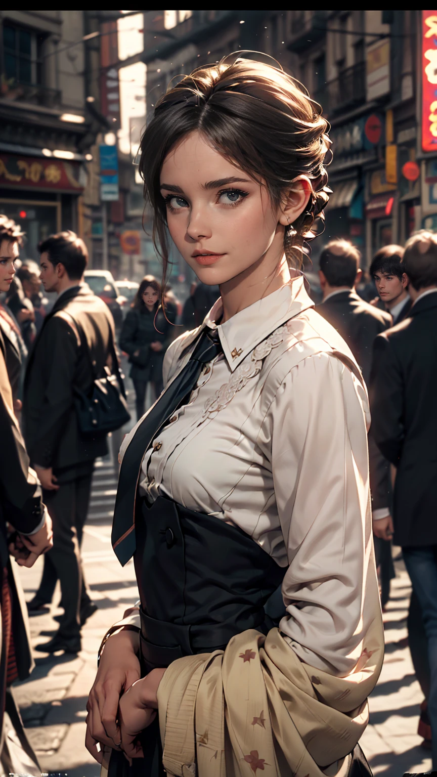 8k, highest quality, masterpiece:1.2), (Realistic, photo-Realistic:1.37), highest quality, masterpiece, Beautiful young woman, Pensive expression, Thoughtful expression, Elegant clothing, Tie your hair back, Messy mood, Movie Background, tired, Light skin tone