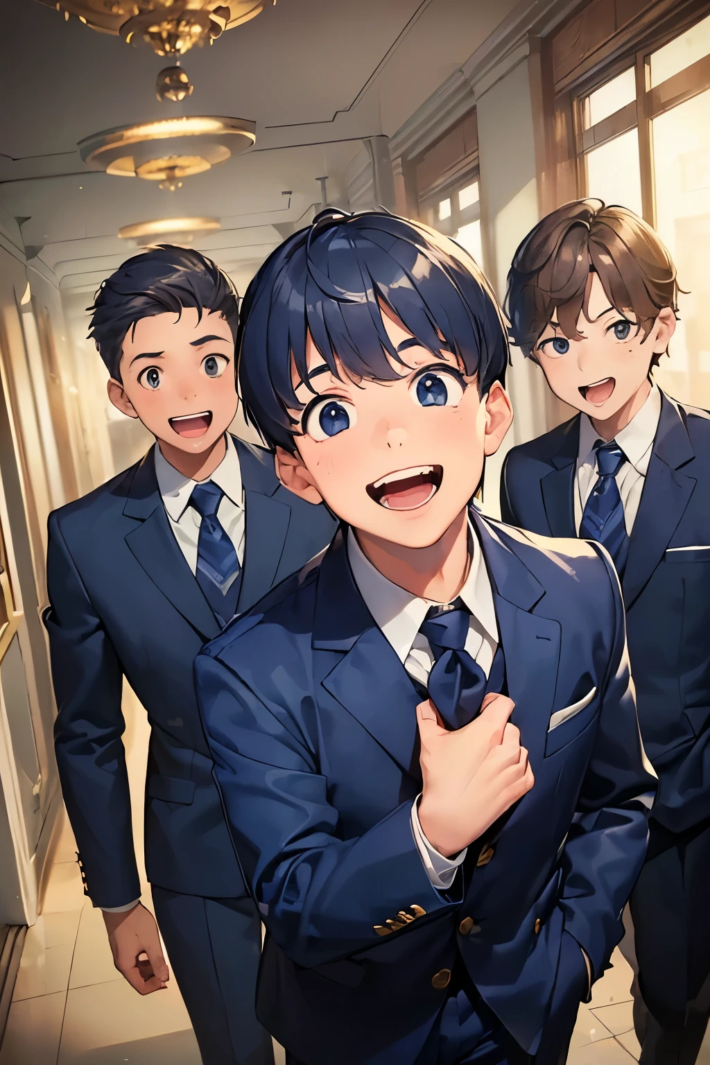 ((best quality)), ((masterpiece)), ((detailed)), (((perfect face))), (((teen boys in navy blue suits))), (((laughing, smiling, happy))), (((big, wide eyes))), (((interior school corridor))), (((looking at viewer))), (((surprised:1.4)))