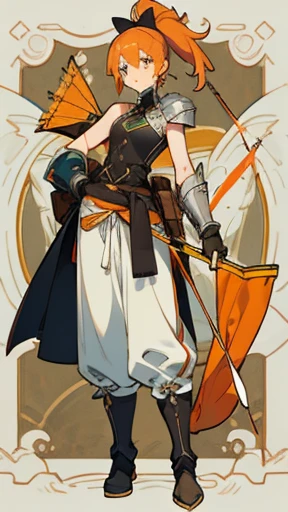 Victorian style, British background, full body picture, figure, Standing image,Full body picture,figure设定图,Three views of charactermorpg,Apricot hair,High Ponytail,Holding a bow and arrow,Archer,1 girl,Imperial sister body type,Bow and Arrow Bag,Adventure outfits,White cropped trousers,Ankle boots,Explorer Gloves,Cowboy,Single shoulder pad,Armor,An orange loincloth tied around the waist,sleeveless black vest,Bow pulling pose。