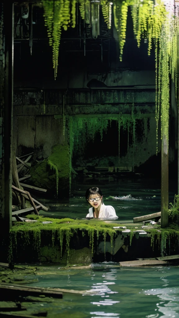 In the water,subway,moss,Showa,Collapse,Devastation,Inside the ruins,Glasses,Women,adventure,Black and White,