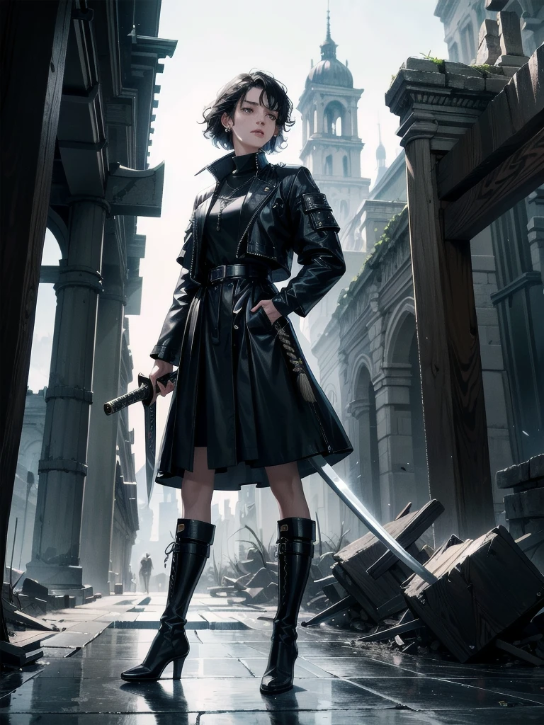 absurdres, RAW photo, extremely delicate and beautiful, masterpiece, Best Quality, ultra high resolution, 32k, hyperrealistic, ultra-detailed, tearful mole, earring, short medium hair, wavy hair, whole body, Holding a long blue great sword, Ruins, Wear tech boots, black jacket, samurai,