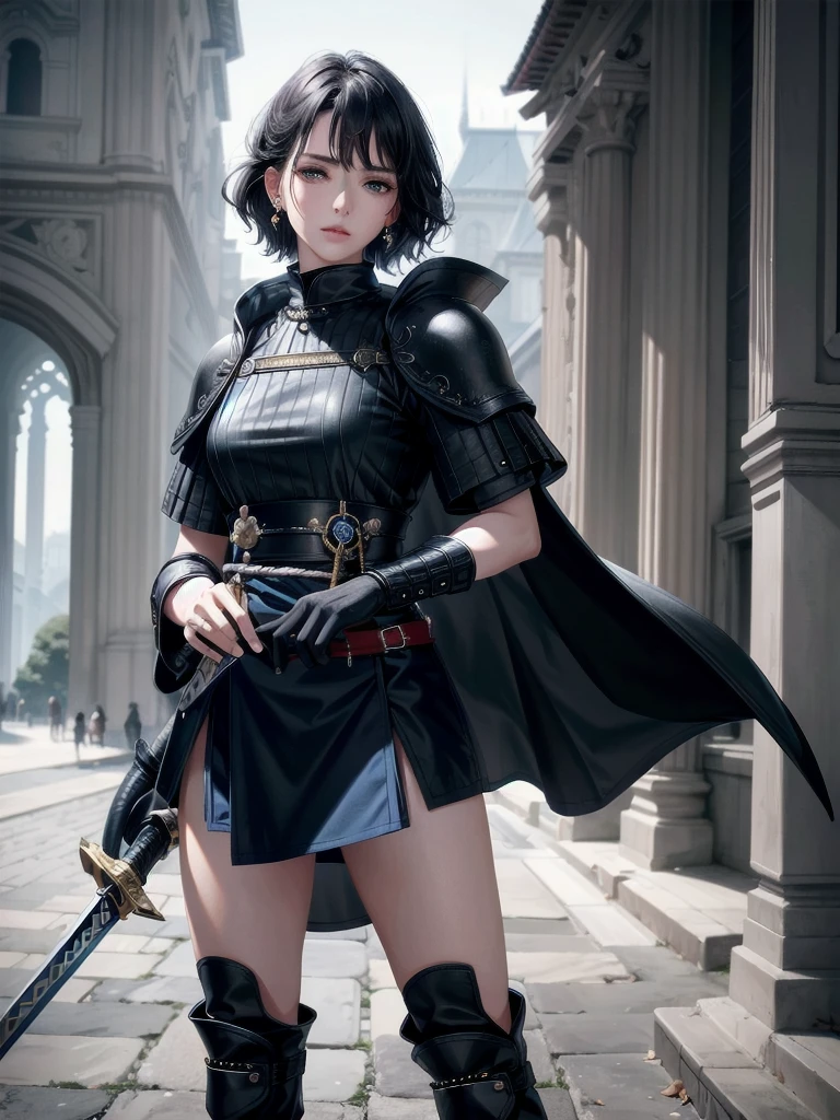 absurdres, RAW photo, extremely delicate and beautiful, masterpiece, Best Quality, ultra high resolution, 32k, hyperrealistic, ultra-detailed, tearful mole, earring, short medium hair, wavy hair, whole body, Holding a long blue great sword, Ruins, Wear tech boots, black jacket, samurai,