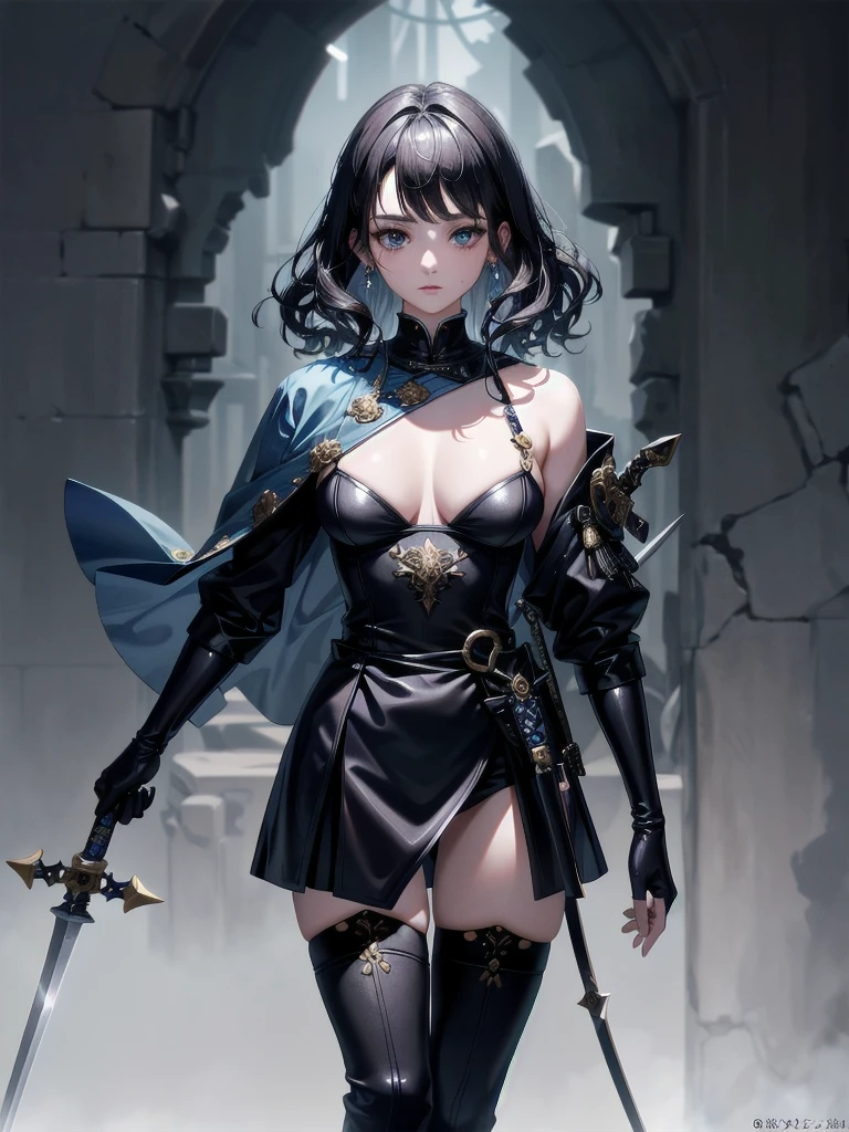 absurdres, RAW photo, extremely delicate and beautiful, masterpiece, Best Quality, ultra high resolution, 32k, hyperrealistic, ultra-detailed, tearful mole, earring, short medium hair, wavy hair, whole body, Holding a long blue great sword, Ruins, Wear tech boots, black jacket, samurai,