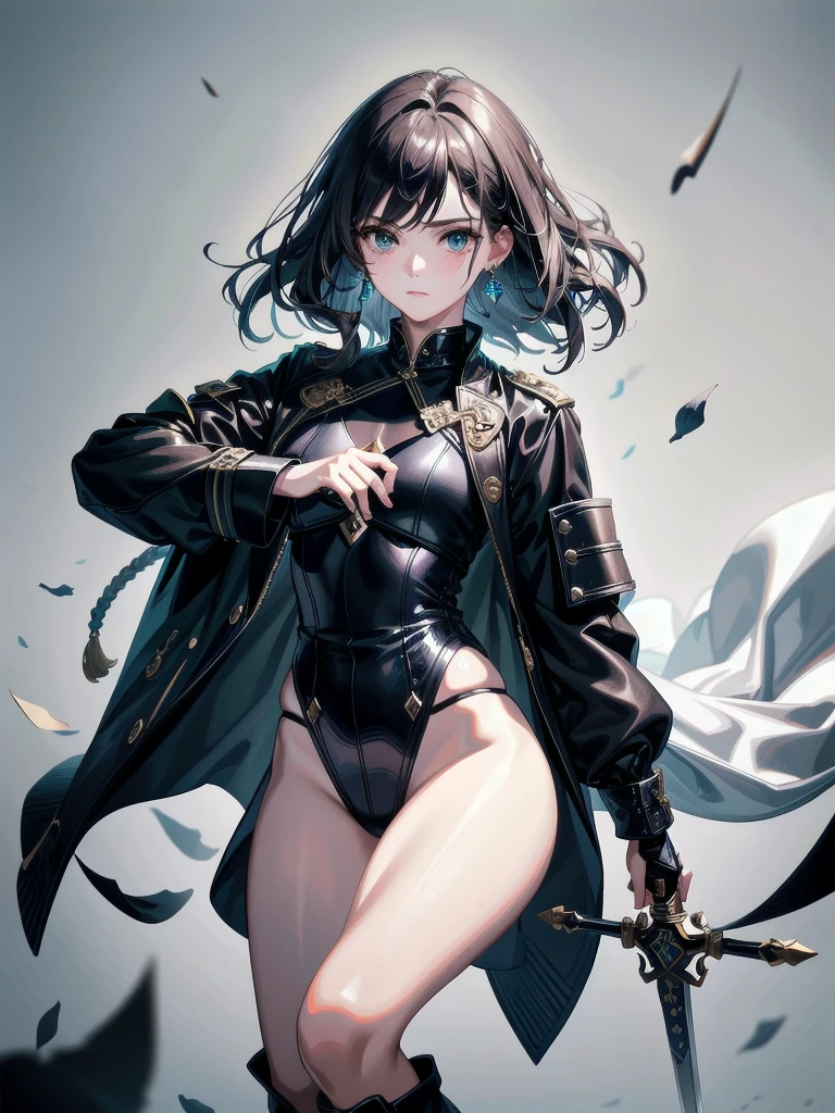 absurdres, RAW photo, extremely delicate and beautiful, masterpiece, Best Quality, ultra high resolution, 32k, hyperrealistic, ultra-detailed, tearful mole, earring, short medium hair, wavy hair, whole body, Holding a long blue great sword, Ruins, Wear tech boots, black jacket, samurai,