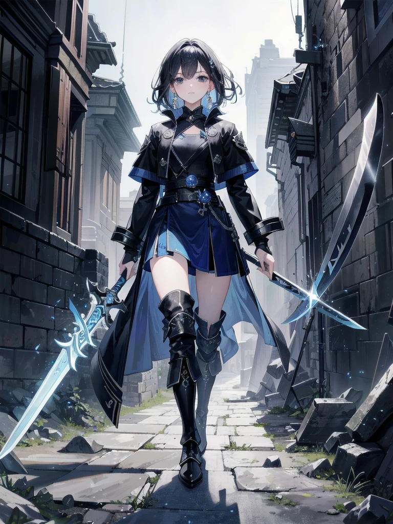 absurdres, RAW photo, extremely delicate and beautiful, masterpiece, Best Quality, ultra high resolution, 32k, hyperrealistic, ultra-detailed, tearful mole, earring, short medium hair, wavy hair, whole body, Holding a long blue great sword, Ruins, Wear tech boots, black jacket, samurai,