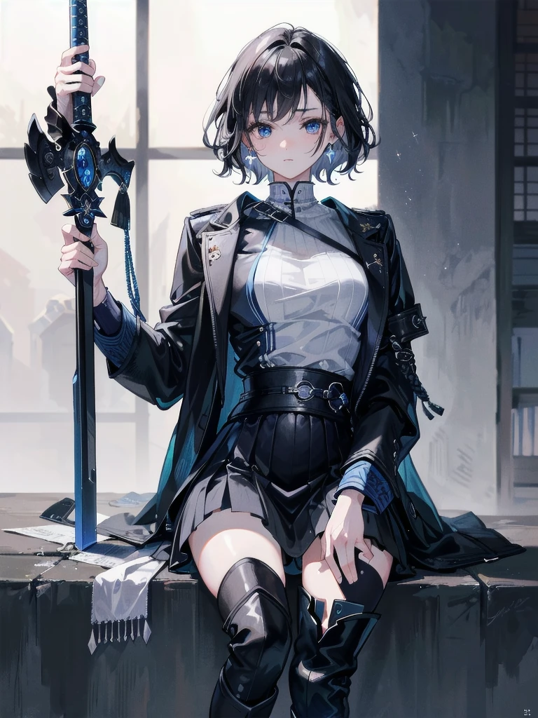 absurdres, RAW photo, extremely delicate and beautiful, masterpiece, Best Quality, ultra high resolution, 32k, hyperrealistic, ultra-detailed, tearful mole, earring, short medium hair, wavy hair, whole body, Holding a long blue great sword, Ruins, Wear tech boots, black jacket, samurai,