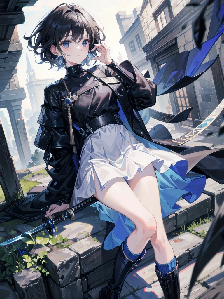 absurdres, RAW photo, extremely delicate and beautiful, masterpiece, Best Quality, ultra high resolution, 32k, hyperrealistic, ultra-detailed, tearful mole, earring, short medium hair, wavy hair, whole body, Holding a long blue great sword, Ruins, Wear tech boots, black jacket, samurai,
