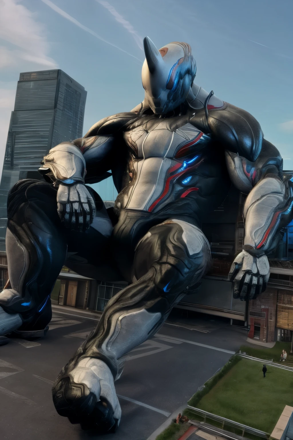 (full body), no human, warframe, robot, excalibur, helmet, bodysuit, macro, muscular, lounging on a tiny building, in front of a tiny crowd