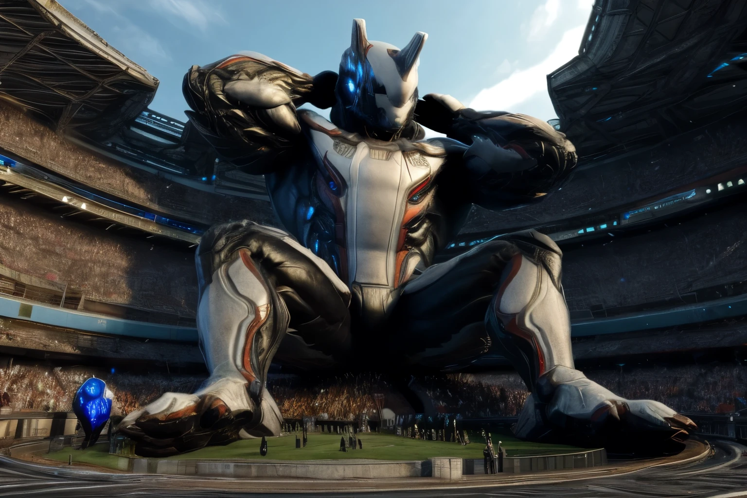 (full body), no human, warframe, robot, excalibur, helmet, bodysuit, macro, muscular, sitting on a tiny building with his hands behind his head, in front of a tiny crowd