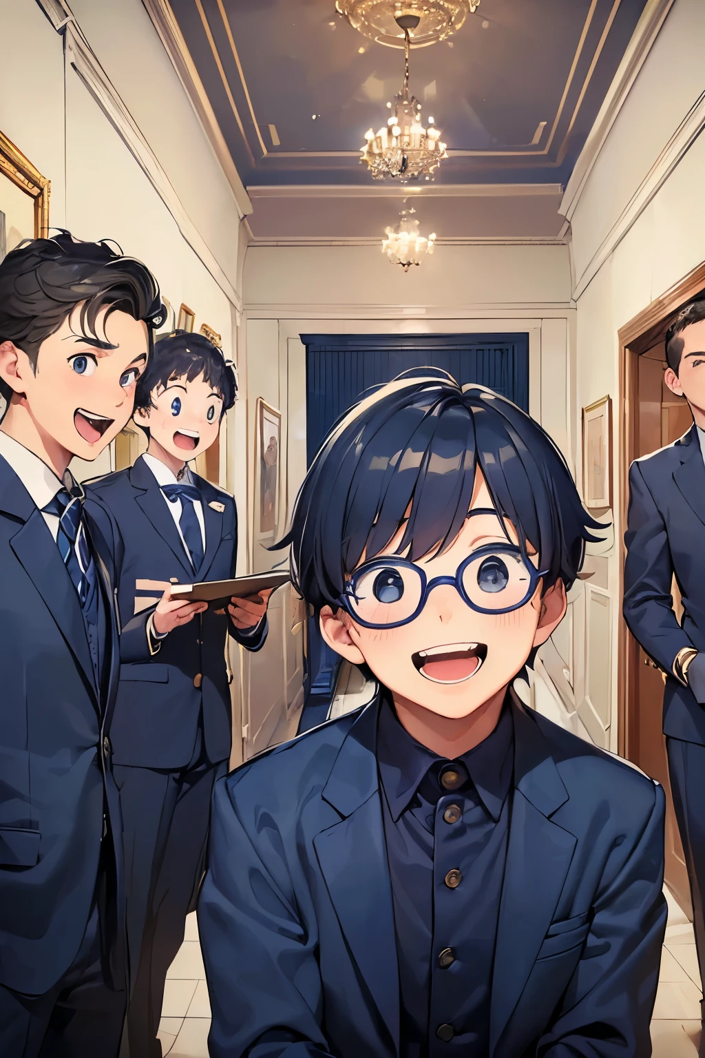 ((best quality)), ((masterpiece)), ((detailed)), (((perfect face))), (((teen boys in navy blue suits))), (((laughing, smiling, happy))), (((big, wide eyes))), (((interior school corridor))), (((looking at viewer))), (((surprised:1.4)))