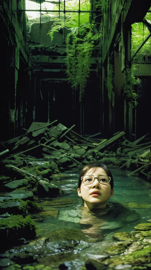 In the water,subway,moss,Showa,Collapse,Devastation,Inside the ruins,Glasses,Women,adventure,Black and White,
