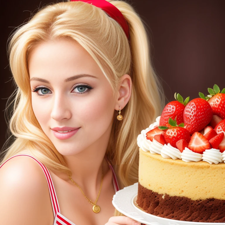 (best quality,4k,8k,high res,masterpiece:1.2),ultra-detailed, photorealistic, flaxen blonde hair,long hair, Mature and beautiful, realistic portrayal:1.2 Sailor Moon eating chocolate strawberries chip cake