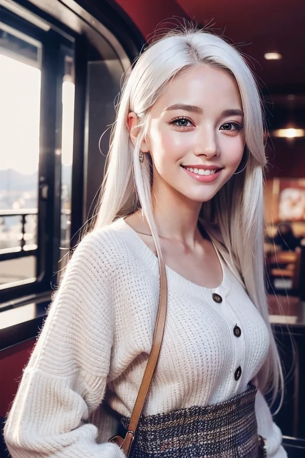 Beautiful girl with brown eyes and white hair, smiling at cinema 