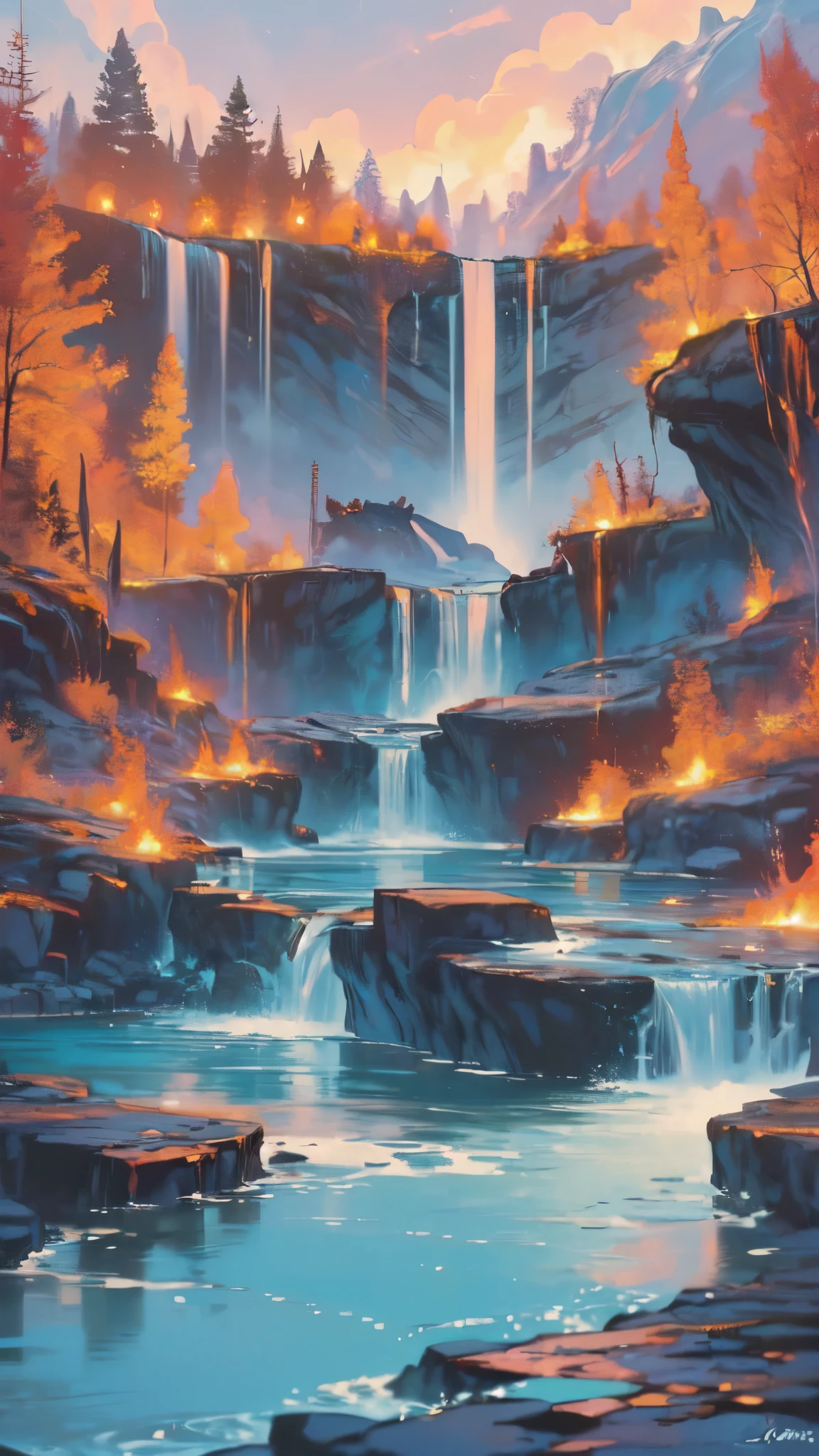 fantasy art, photorealistic, D&D art, a picture of a female monk sitting and meditating near a waterfall, at the base of the waterfall,  there is a human woman monk wearing monk garbs, meditating near a bonfire near an (epic sized waterfall: 1.3), red hair, long hair, full body (best details, Masterpiece, best quality :1.5), ultra detailed face (best details, Masterpiece, best quality :1.5), ultra feminine (best details, Masterpiece, best quality :1.5), exquisite beautiful (best details, Masterpiece, best quality :1.5) red hair, long hair, wavy hair, pale skin, blue eyes, intense eyes, water coming down from a volcanic cliff, multi level water falls, several pools created in different levels, forming new waterfalls, water cascading into a (large lava pool: 1.3) steam rising, clear water in many hues of blue and azure falling, ultra best realistic, best details, best quality, 16k, [ultra detailed], masterpiece, best quality, (extremely detailed), ultra wide shot, photorealism, depth of field, hyper realistic painting, magv1ll