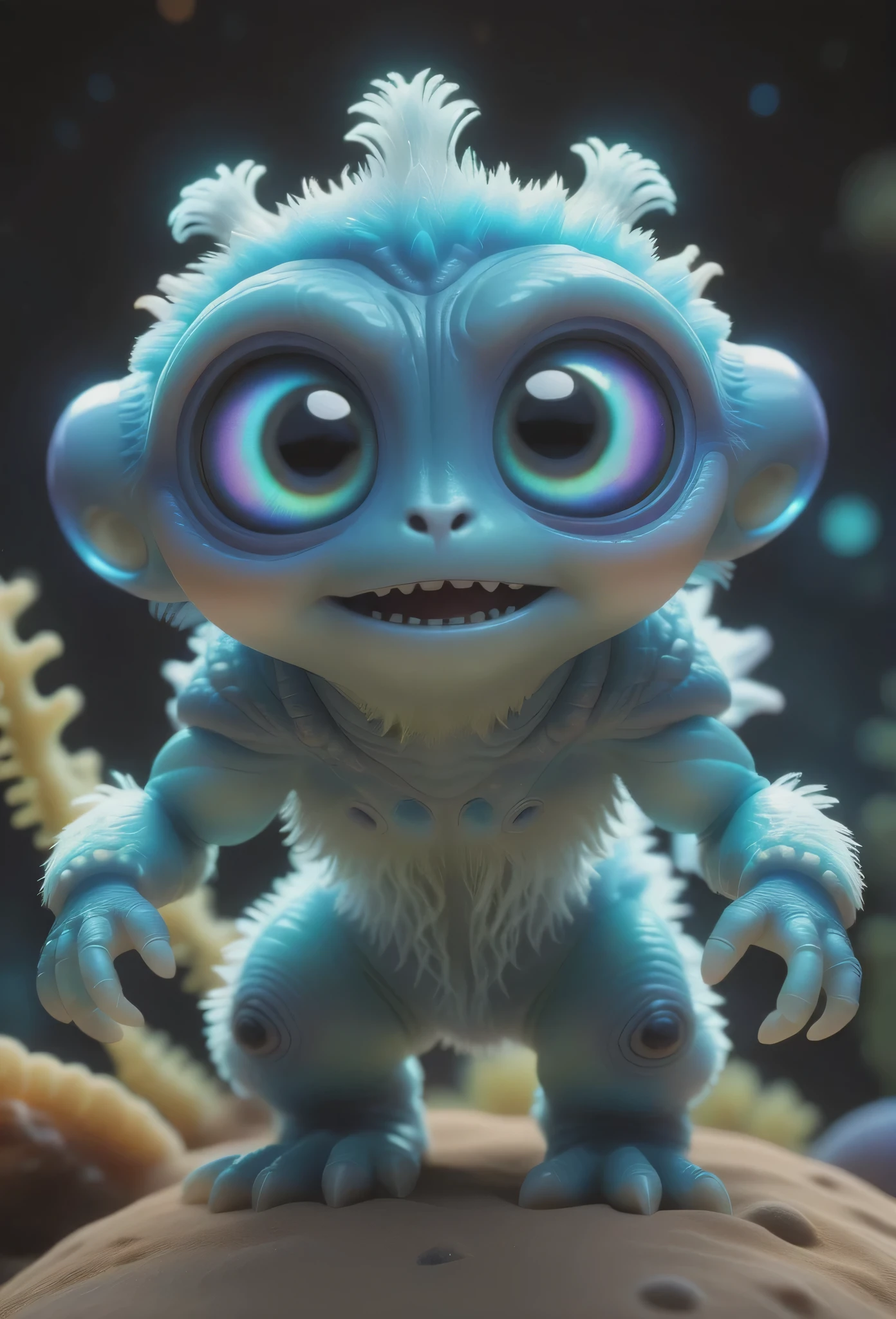 pixar character ,pixar style, astrobiology, a cute alien creature, furry, iridescent bioluminesence, (best quality), (masterpiece), (best lighting), (high detailed skin:1.0),( detailed eyes), 8k uhd, dslr, soft lighting, best quality, film grain, Fujifilm XT3,
