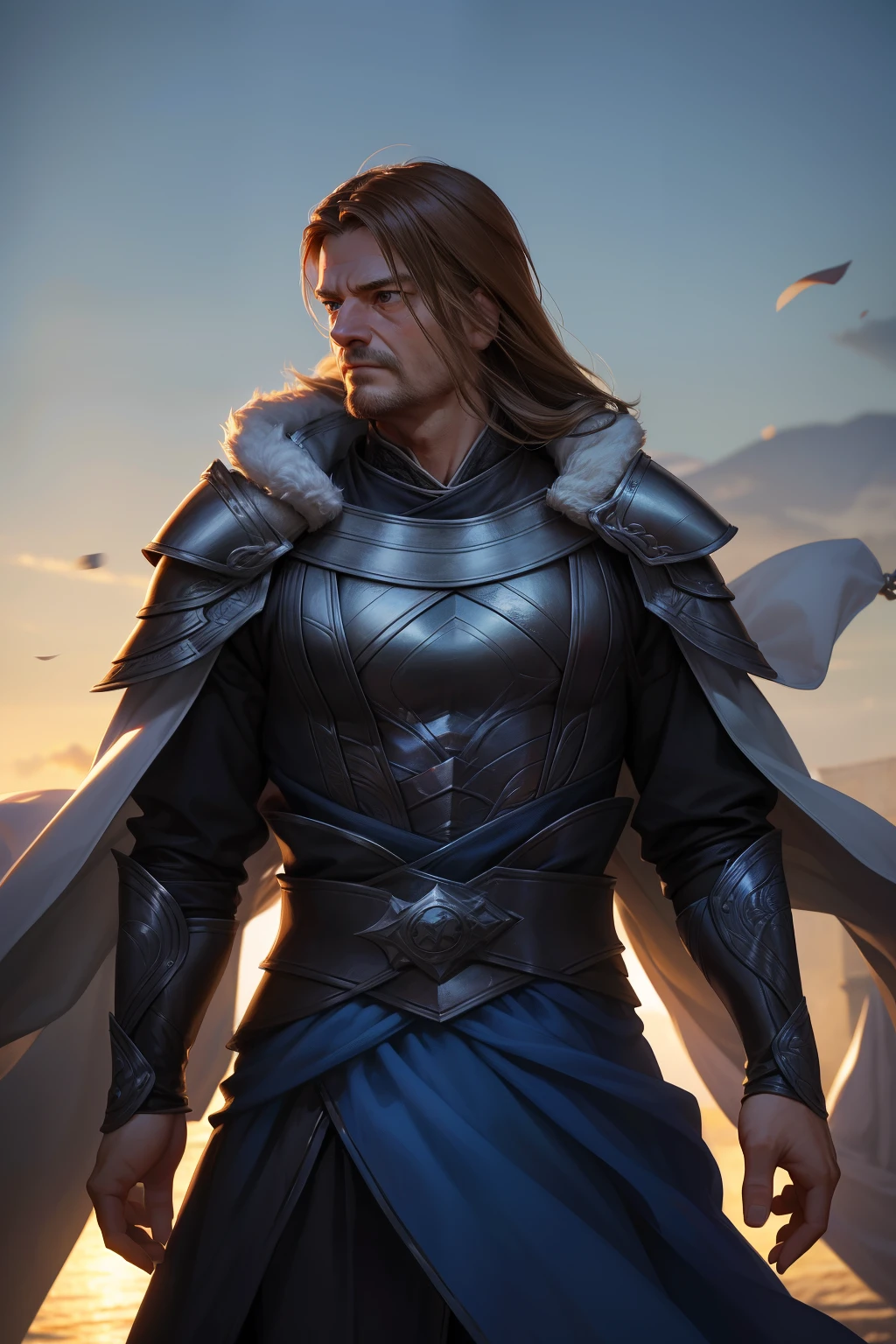 Ned Stark, the respected character from Game of Thrones, meticulously drawn as an anime figure with a perfect depiction of his intricate attire and other details from the series. His highly accurate anatomy showcases every line and curve, evoking a sense of nobility and virtue. Cinematic color grading bathes the image in a rich,Mysteries [depth] palette, with a shallow depth of field that highlights the details of Ned's features and clothing, while the bokeh effect adds an air of mystique to the background. The king in the north stands proudly, his strong jawline and penetrating gaze radiating a sense of virtue and wisdom, making this an unfor
