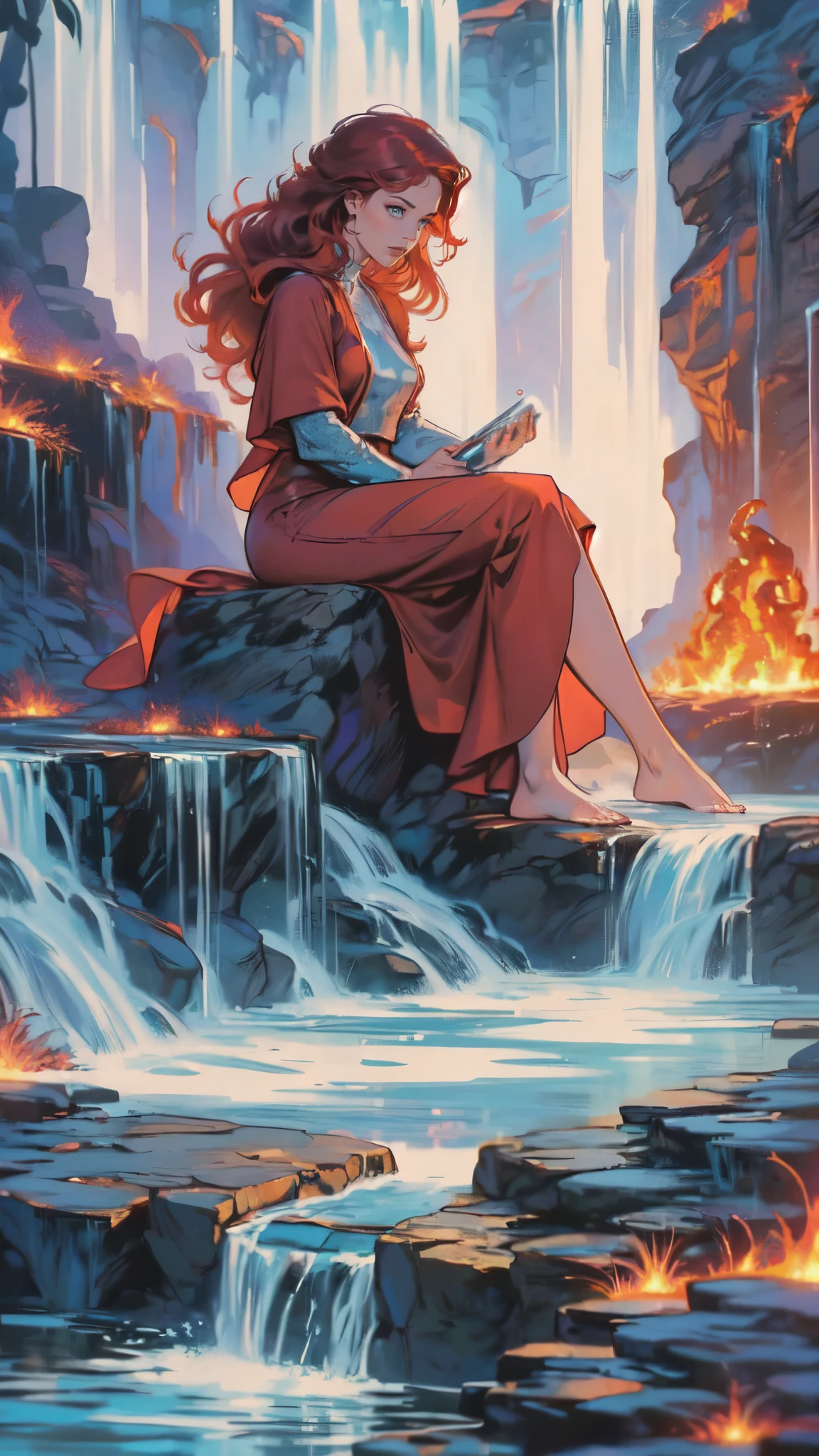 fantasy art, photorealistic, D&D art, a picture of a female monk sitting and meditating near a waterfall, at the base of the waterfall,  there is a human woman monk wearing monk garbs, meditating near a bonfire near an (epic sized waterfall: 1.3), red hair, long hair, full body (best details, Masterpiece, best quality :1.5), ultra detailed face (best details, Masterpiece, best quality :1.5), ultra feminine (best details, Masterpiece, best quality :1.5), exquisite beautiful (best details, Masterpiece, best quality :1.5) red hair, long hair, wavy hair, pale skin, blue eyes, intense eyes, water coming down from a volcanic cliff, multi level water falls, several pools created in different levels, forming new waterfalls, water cascading into a (large lava pool: 1.3) steam rising, clear water in many hues of blue and azure falling, ultra best realistic, best details, best quality, 16k, [ultra detailed], masterpiece, best quality, (extremely detailed), ultra wide shot, photorealism, depth of field, hyper realistic painting, magv1ll