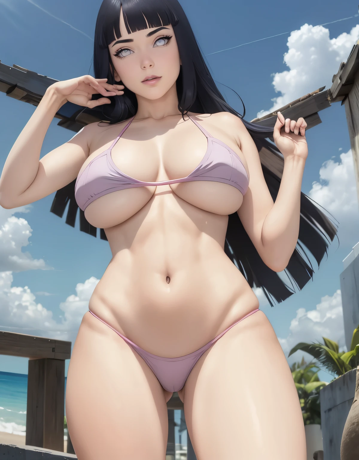 parte mestre, absurdos, Hinata\(boruto\), 1 garota, Sozinho,mulher madura, capuz roxo,mangas em camadas, Short jeans marrom, ao ar livre, cloudy sky, perfect composition, circumstantial lips, peito grande, Bonito rosto, Body Proportion, corar, (pink lips), pelo negro corto (PELO NEGRO), olhos lilases, smooth appearance, super realista, circunstanciado, photoshoot, rosto e corpo realistas, cabelo realista, olhos realistas, nariz realista, realistic lips, brown jeans, animado, dancing lightly. nas suas costas, com o queixo sob o ombro, looking back sensually, sorriso sexy, boca cerrada. pose diferente.
