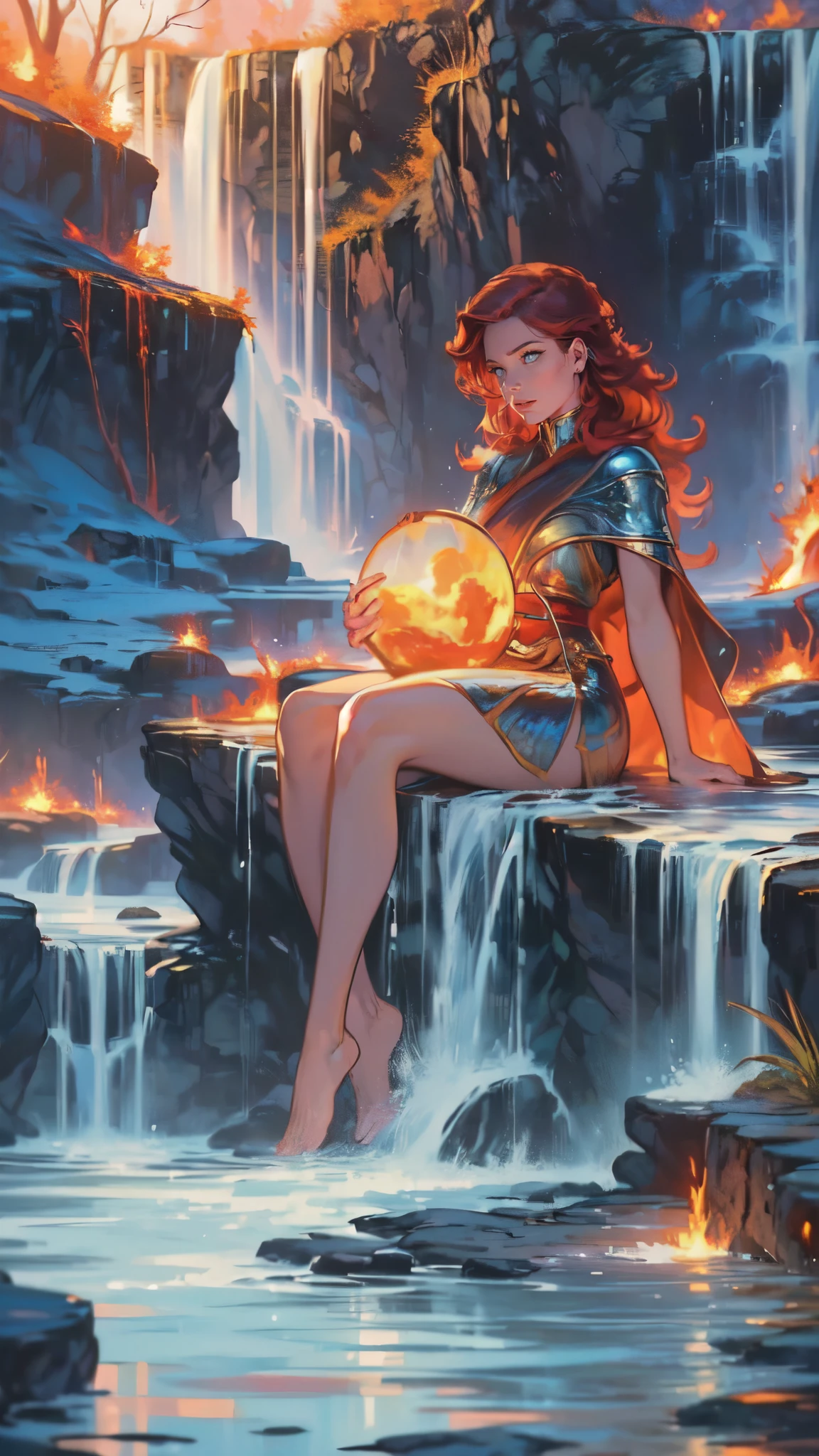 fantasy art, photorealistic, D&D art, a picture of a female monk sitting and meditating near a waterfall, at the base of the waterfall,  there is a human woman monk wearing monk garbs, meditating near a bonfire near an (epic sized waterfall: 1.3), red hair, long hair, full body (best details, Masterpiece, best quality :1.5), ultra detailed face (best details, Masterpiece, best quality :1.5), ultra feminine (best details, Masterpiece, best quality :1.5), exquisite beautiful (best details, Masterpiece, best quality :1.5) red hair, long hair, wavy hair, pale skin, blue eyes, intense eyes, water coming down from a volcanic cliff, multi level water falls, several pools created in different levels, forming new waterfalls, water cascading into a (large lava pool: 1.3) steam rising, clear water in many hues of blue and azure falling, ultra best realistic, best details, best quality, 16k, [ultra detailed], masterpiece, best quality, (extremely detailed), ultra wide shot, photorealism, depth of field, hyper realistic painting, magv1ll