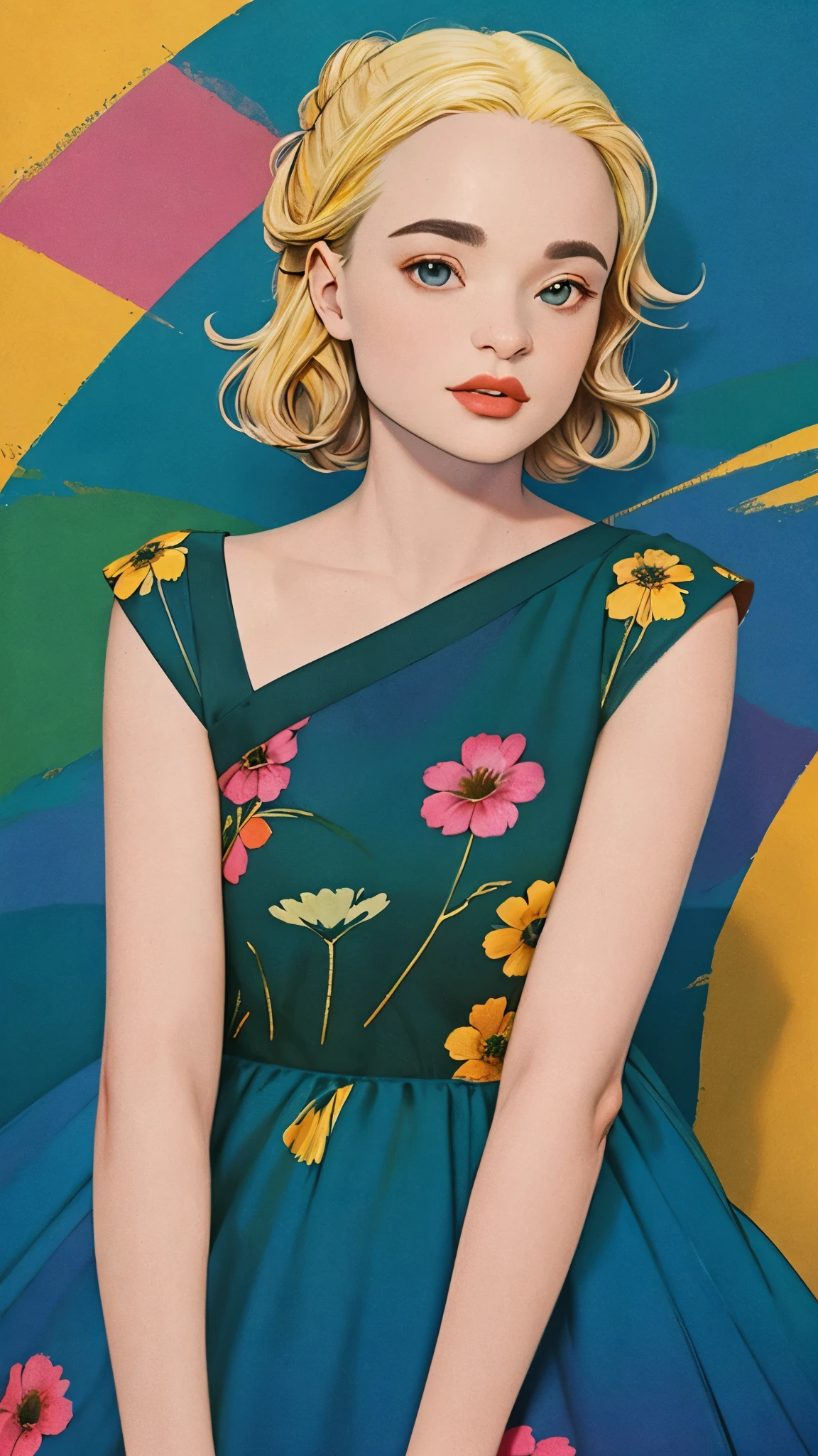 (Joey King:1.0), full body portrait, line art, high-quality ink drawing, ultra-detailed, realistic shading, vibrant colors, elegant posture, hanging out, small breasts, vivid colors, flat image, top knot, blonde hair, wearing a dress, and flats