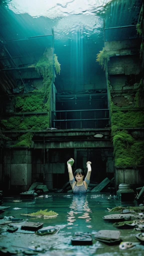 In the water,subway,moss,Showa,Collapse,Devastation,Inside the ruins,Glasses,Women,adventure,Black and White,