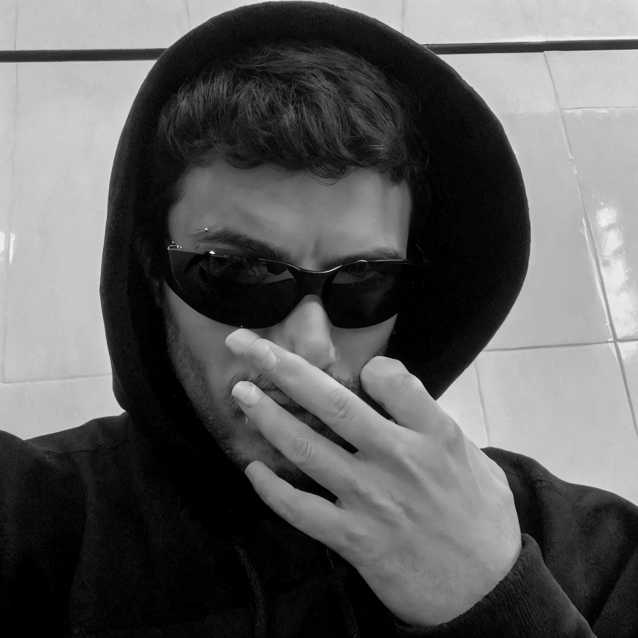 arafed man em um capuzie and sunglasses smoking a cigarette, coelho mau, o magro, em um moletom preto, anjo ], tons escuros, capuz cobre seus olhos, wearing sunglasses, in the style of sifu 🔥 😎 🕹️ 👀 :2, vestindo um capuz escuro, em um capuz, Aykut Aydogdu, inspirado em Ion Andreescu