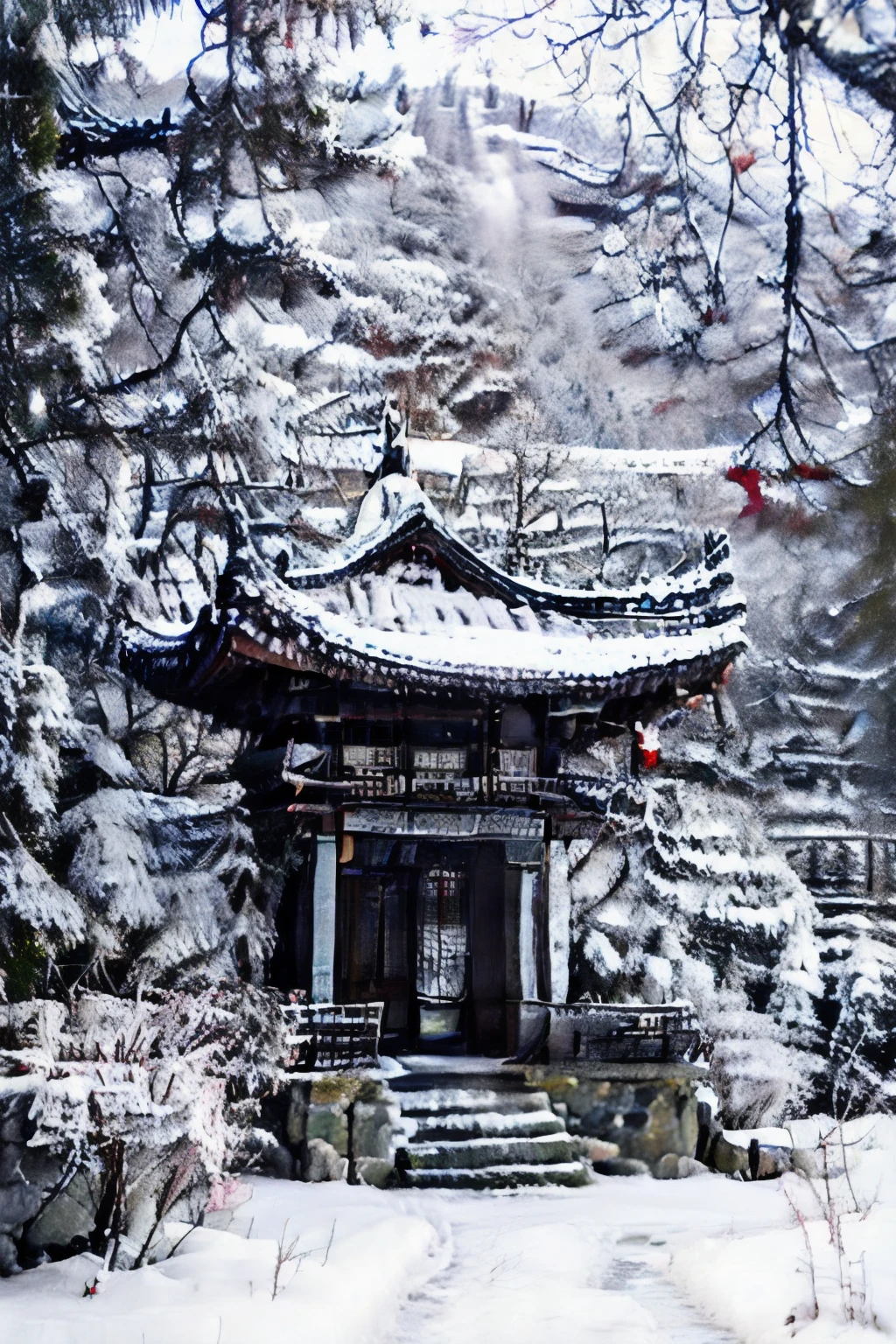 chinese architecture,Many peaks rising in chilly hues, the hermitage dividing here. Capture the serene landscape, emphasize the cold elegance of the mountains, and highlight the solitude of the hermitage..