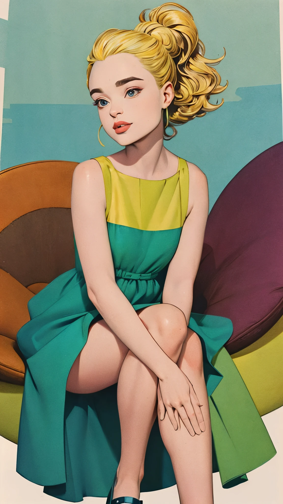 Joey King:+++, full body portrait, line art, high-quality ink drawing, ultra-detailed, realistic shading, vibrant colors, elegant posture, hanging out, small breasts, vivid colors, flat image, top knot, blonde hair, wearing a dress, and flats