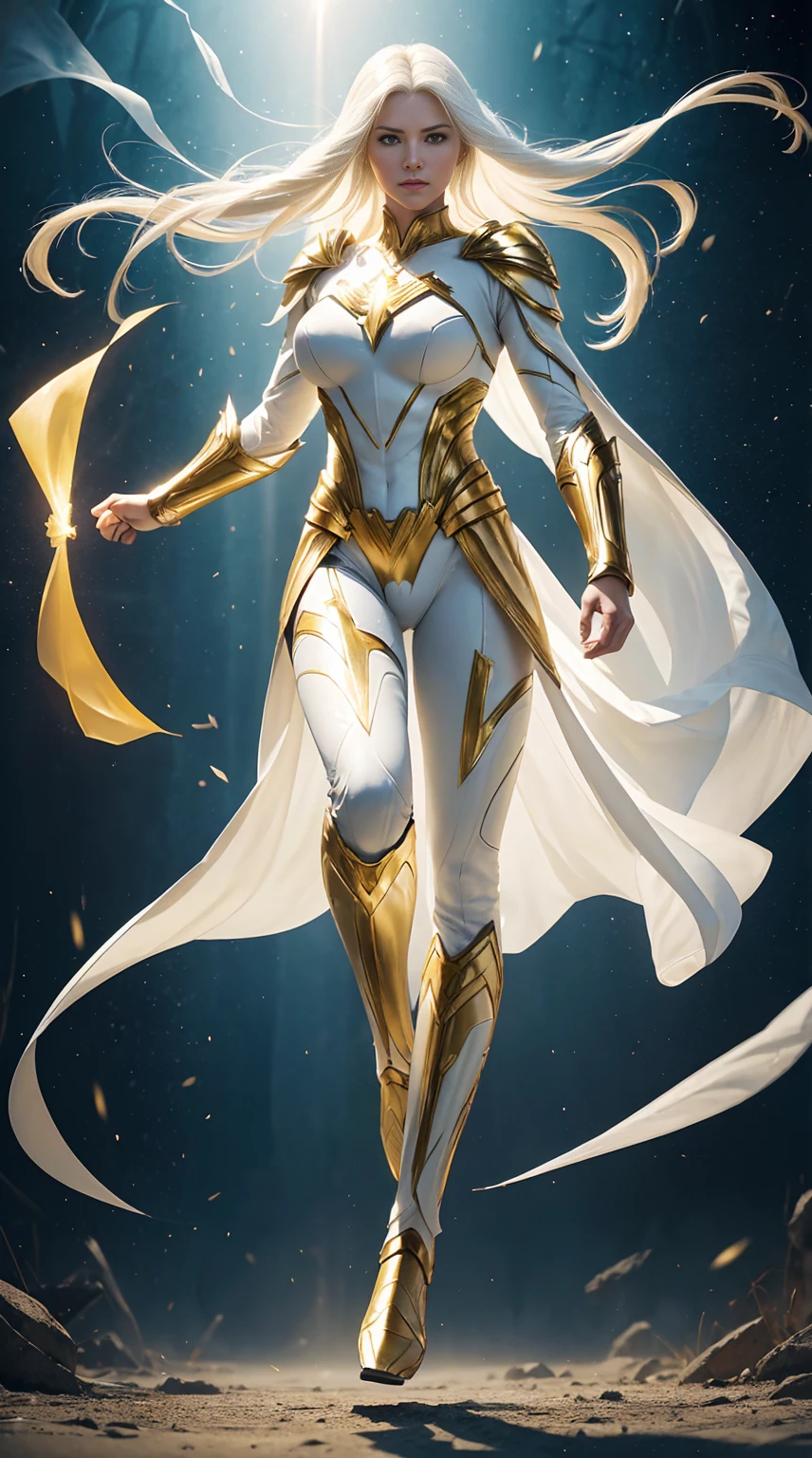 Starlight cara de la actriz Erin Moriarty de The Boys sobrevolando la ciudad, semidesnuda, small and spectacular sexy iconic white costume with cape, logo de estrella dorada en el traje, very sexy small clothes, ornate golden wristbands, botas blancas con dorado adornadas, el viento levanta su capa, joven, cuerpo muy delgado, super skynny body, small and beautiful buttocks, abdomen tonificado, I can see her beautiful and perfect small breasts, escote amplio, piernas hermosas, manos perfectas, intelligent, heroic, light particles surround your body, poder resplandeciente, obscena, super powerful, sensual, ella esta volando y observa la ciudad desde el cielo, New York city, Empire State, se observa la luna grande en el fondo,mirada sensual, laser glowing eyes, classic hairstyle,Hair dyed in bright blonde color, Best quality,8K,A high resolution,Masterpiece,Ultra detailed,Realistic, Photorealistic,photo realistic