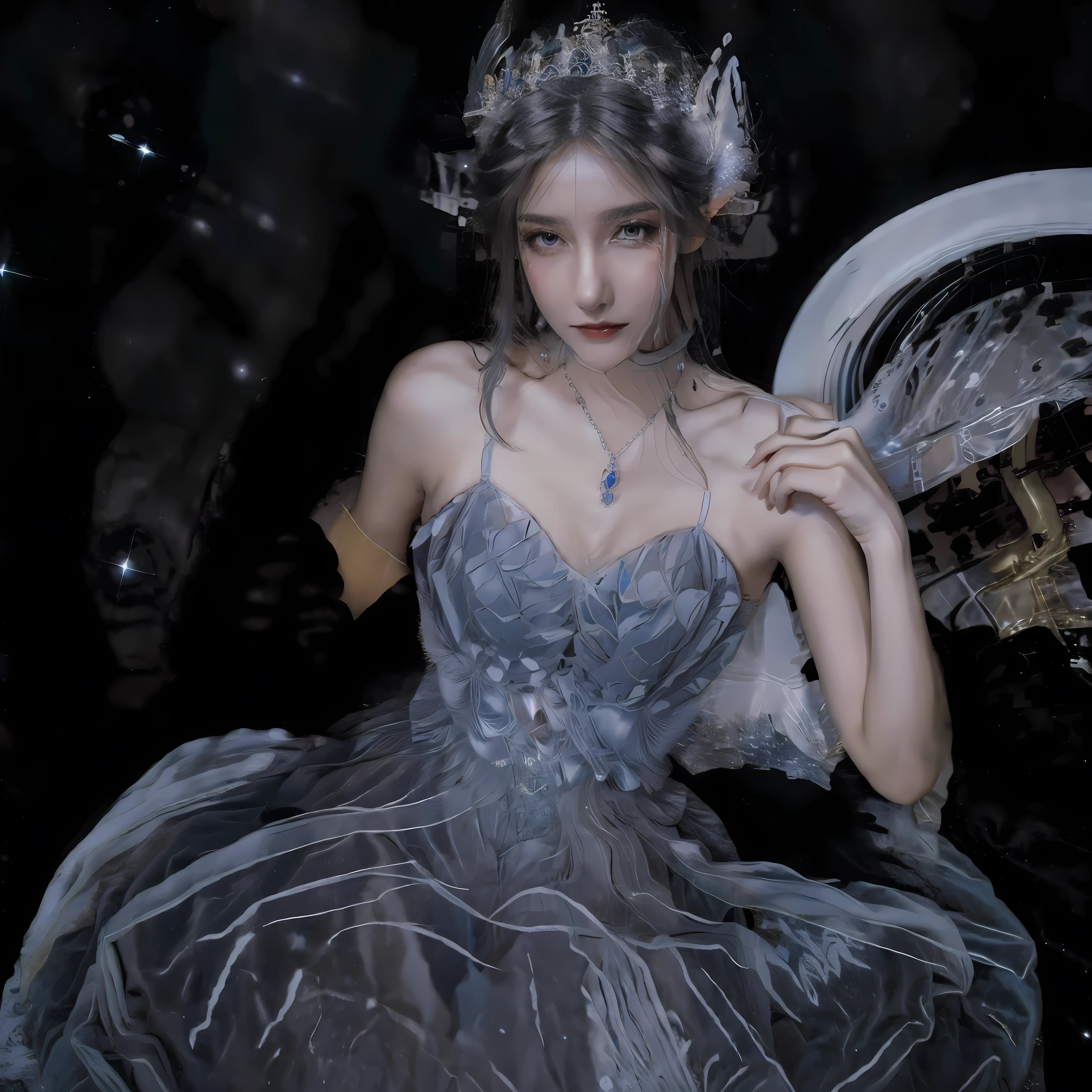 Personagem, feminina, cabelo cacheado,preto, morena, com olhos azuis, wearing a white dress with constellation