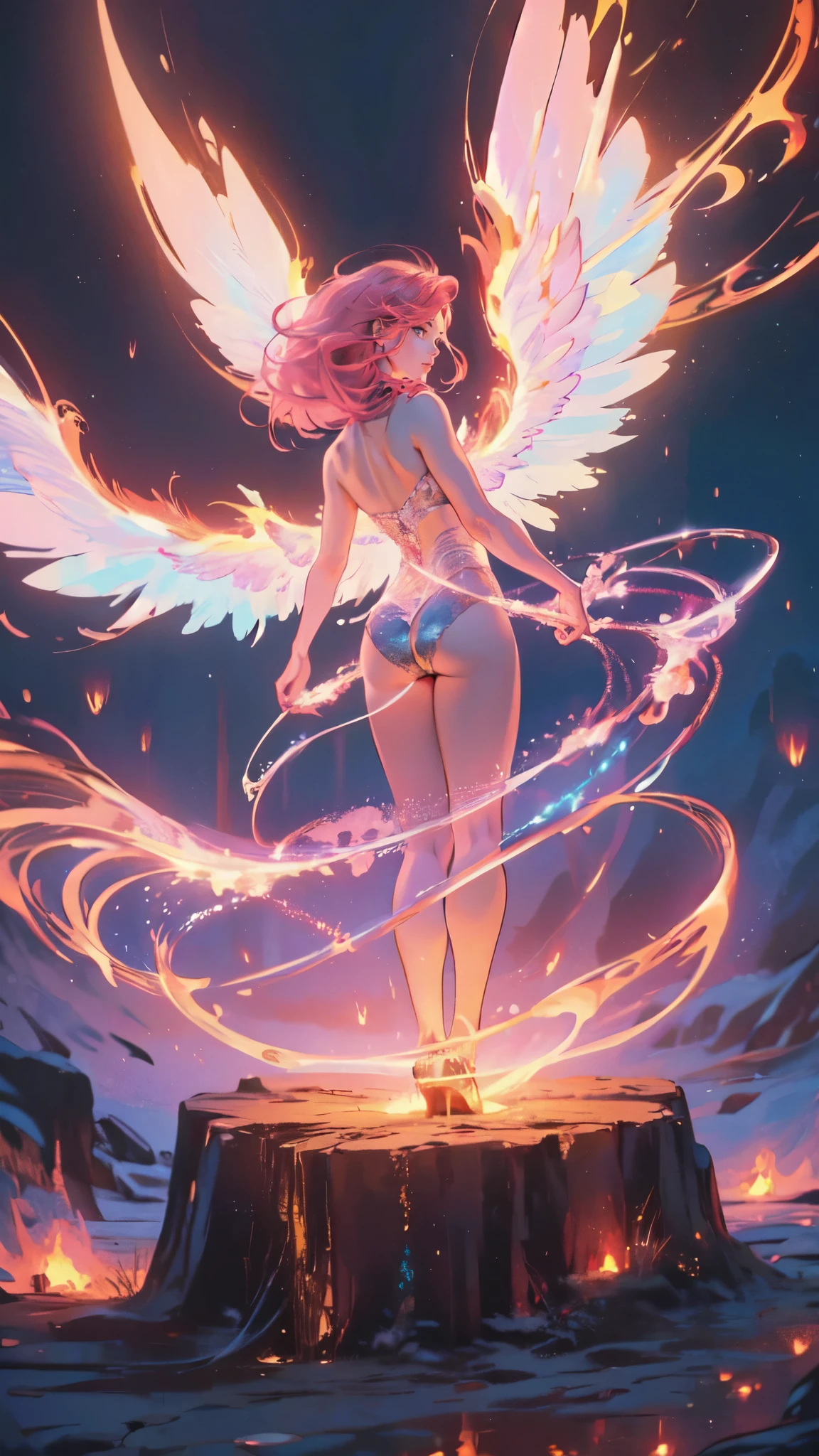 high details, best quality, 16k, [best detailed], masterpiece, best quality, (extremely detailed), a view from the rear of a beautiful angel looking through  a magical portal onto hell, the portal has magical pink magical wards  on it, she sees the fiery hell and rolling inferno faize , GlowingRunes_paleblue, GLOWING STYLE