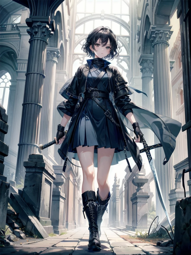 absurdres, RAW photo, extremely delicate and beautiful, masterpiece, Best Quality, ultra high resolution, 32k, hyperrealistic, ultra-detailed, tearful mole, earring, short medium hair, wavy hair, whole body, Holding a long blue great sword, Ruins, Wear tech boots, black jacket, samurai,