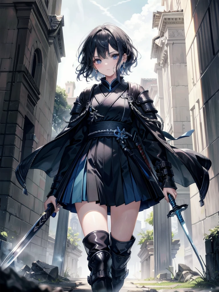 absurdres, RAW photo, extremely delicate and beautiful, masterpiece, Best Quality, ultra high resolution, 32k, hyperrealistic, ultra-detailed, tearful mole, earring, short medium hair, wavy hair, whole body, Holding a long blue great sword, Ruins, Wear tech boots, black jacket, samurai,