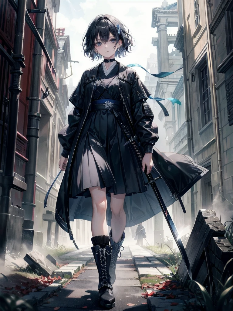 absurdres, RAW photo, extremely delicate and beautiful, masterpiece, Best Quality, ultra high resolution, 32k, hyperrealistic, ultra-detailed, tearful mole, earring, short medium hair, wavy hair, whole body, Holding a long blue great sword, Ruins, Wear tech boots, black jacket, samurai,