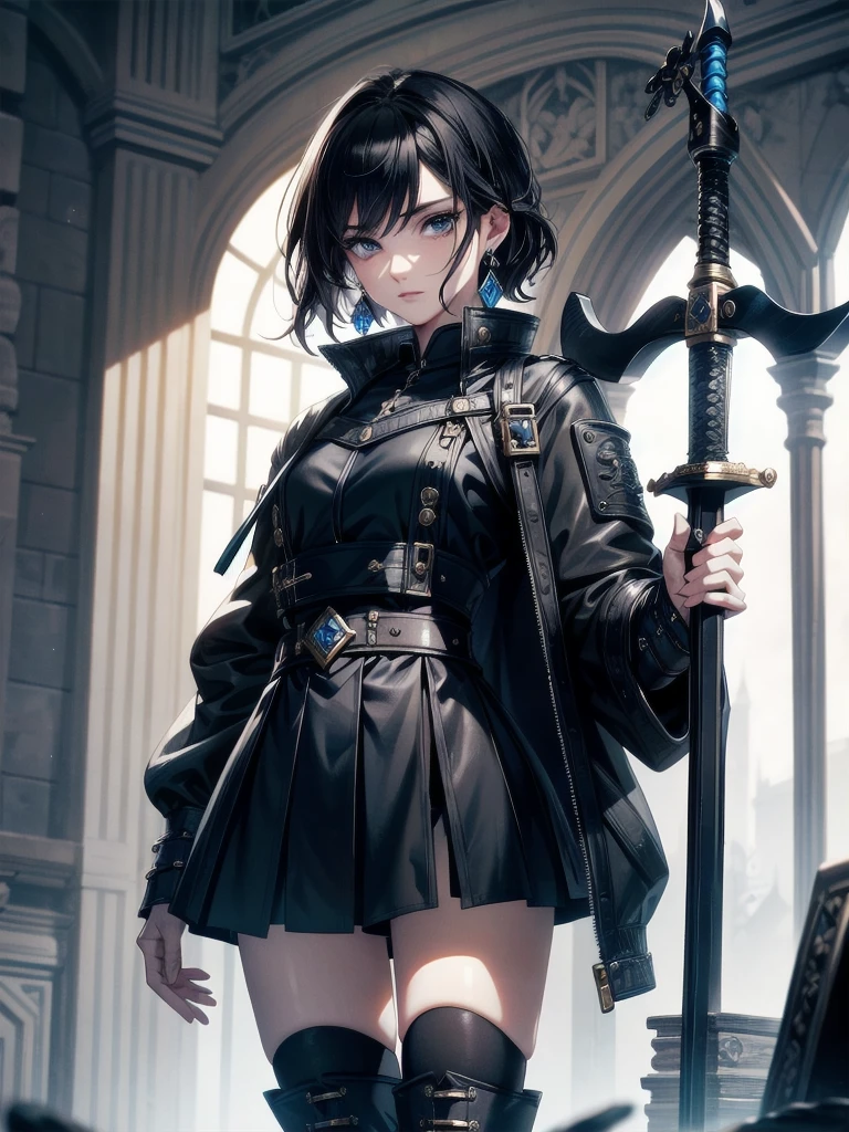 absurdres, RAW photo, extremely delicate and beautiful, masterpiece, Best Quality, ultra high resolution, 32k, hyperrealistic, ultra-detailed, tearful mole, earring, short medium hair, wavy hair, whole body, Holding a long blue great sword, Ruins, Wear tech boots, black jacket, samurai,