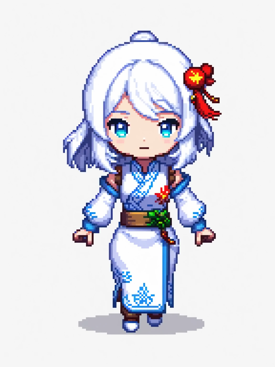 pixel art, china, character de jogo adulto, color white, roupa white, simple white background, game icon, 64 bit style