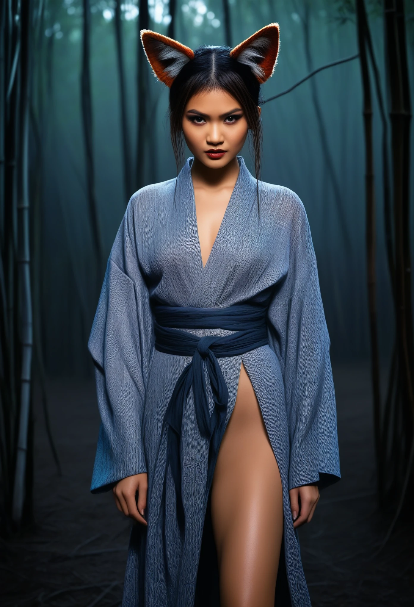 Zendaya as a monstrous Kitsune:
* Capture a hint of Zendaya's features, but with a more unsettling transformation. Her skin should be a pale, almost sickly white, with faint cracks revealing a dark, swirling energy beneath.
* Give her nine long, tattered tails that cascade down behind her, each tipped with a glowing ember that flickers with an ominous light.
* Depict her ears as pointed and elongated, with a single piercing adorning each one. Her eyes should be a glowing red with slit pupils, hinting at a predatory nature.
* Maintain a chilling smirk on her lips, showcasing a glimpse of her former playful energy twisted by a monstrous hunger.
* Dress her in a tattered remnant of a kimono, the once vibrant fabric now hanging in shreds and revealing the dark energy beneath.
* Pose her amidst a twisted, skeletal forest. Dead bamboo stalks reach towards the sky, and an ominous mist hangs in the air. Moonlight filters through the decaying branches, casting an eerie glow on her monstrous form.