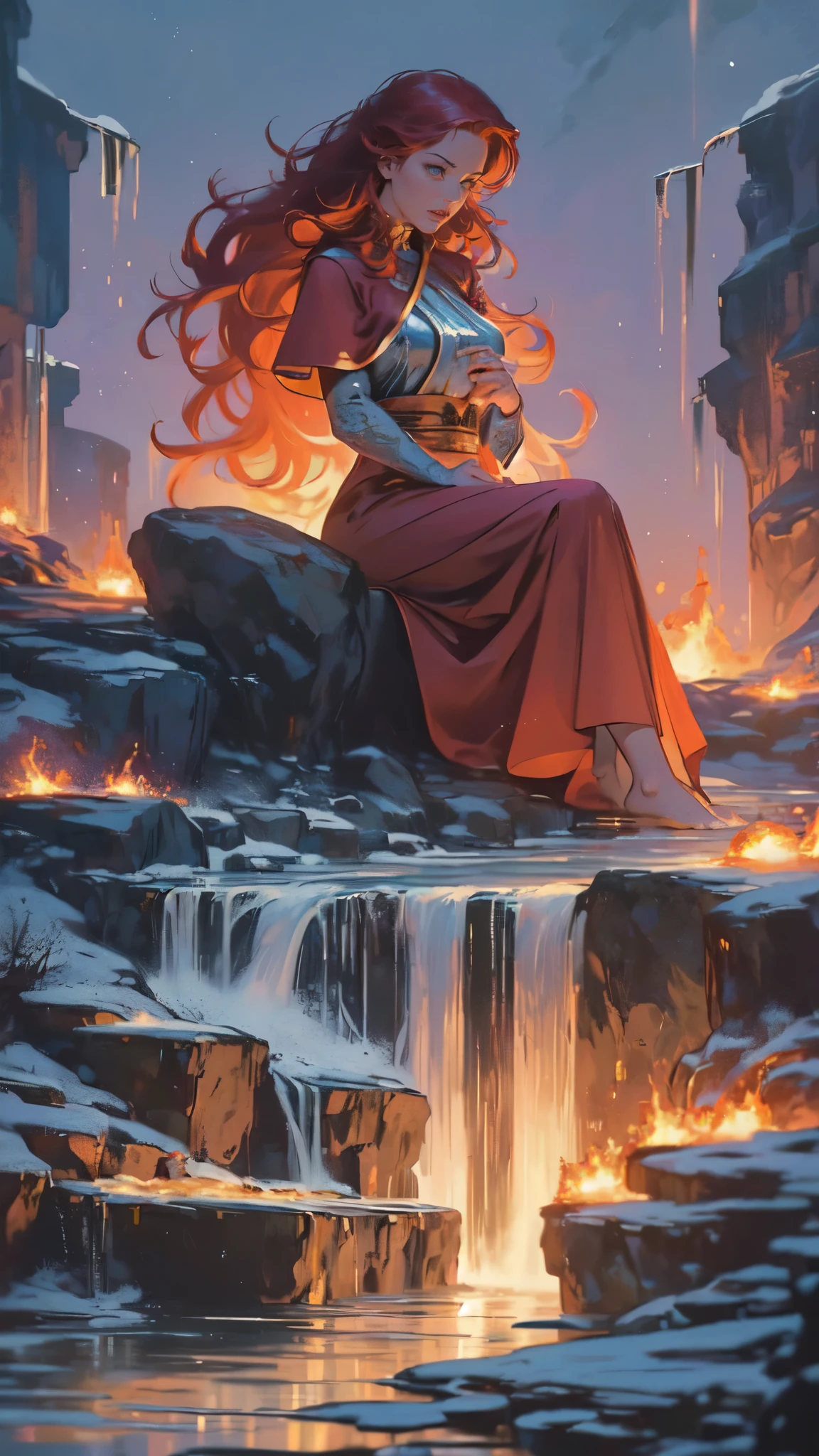 fantasy art, photorealistic, D&D art, a picture of a female monk sitting and meditating near a waterfall, at the base of the waterfall,  there is a human woman monk wearing monk garbs, meditating near a bonfire near an (epic sized waterfall: 1.3), red hair, long hair, full body (best details, Masterpiece, best quality :1.5), ultra detailed face (best details, Masterpiece, best quality :1.5), ultra feminine (best details, Masterpiece, best quality :1.5), exquisite beautiful (best details, Masterpiece, best quality :1.5) red hair, long hair, wavy hair, pale skin, blue eyes, intense eyes, water coming down from a volcanic cliff, multi level water falls, several pools created in different levels, forming new waterfalls, water cascading into a (large lava pool: 1.3) steam rising, clear water in many hues of blue and azure falling, ultra best realistic, best details, best quality, 16k, [ultra detailed], masterpiece, best quality, (extremely detailed), ultra wide shot, photorealism, depth of field, hyper realistic painting, magv1ll