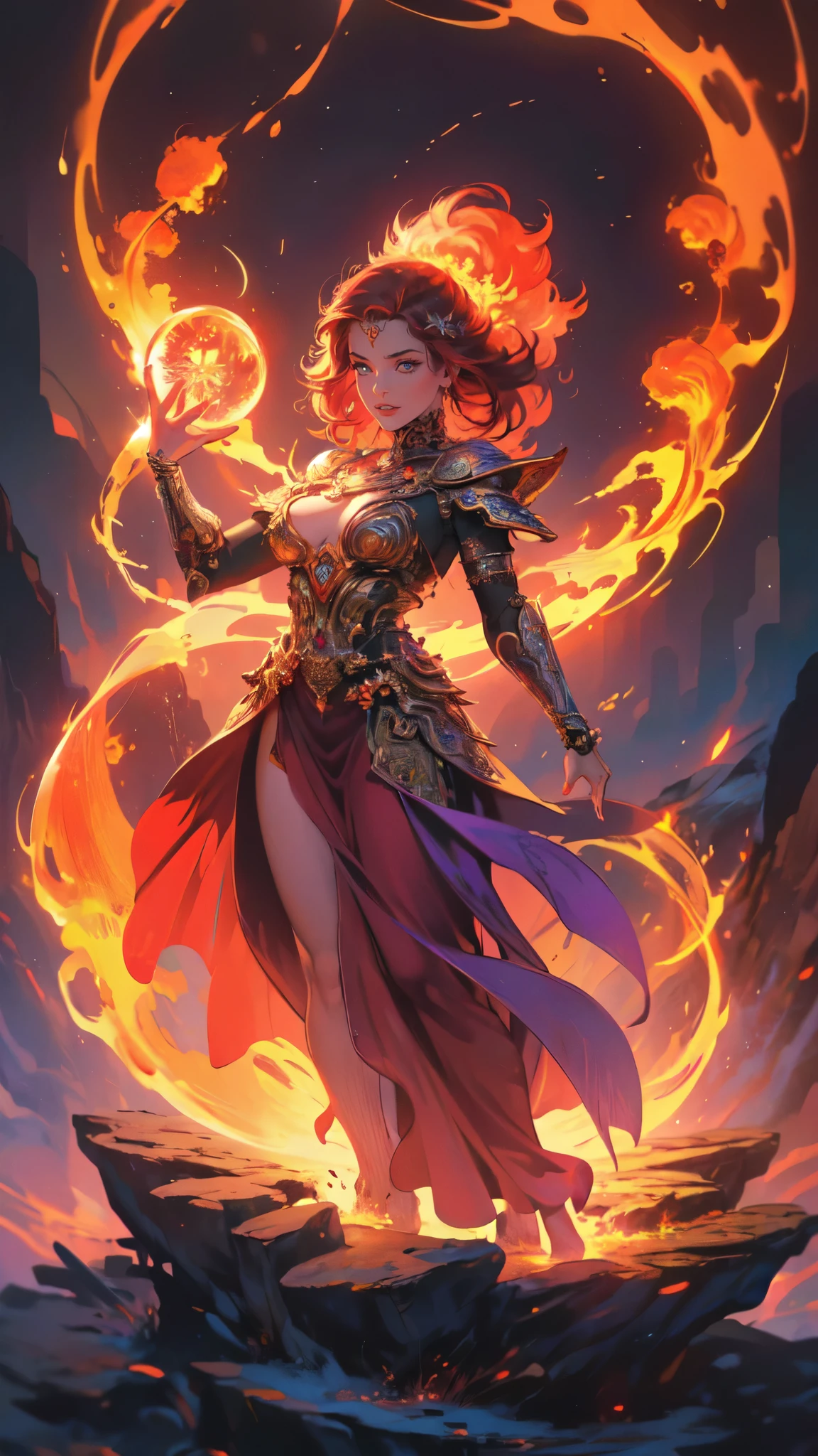 high details, best quality, 16k, [ultra detailed], masterpiece, best quality, (extremely detailed), full body, ultra wide shot, photorealistic, fantasy art, dnd art, rpg art, realistic art, an ultra wide picture of a female human (intricate details, Masterpiece, best quality: 1.5) goddess of fire  ((fiery radiant aura)), controlling a swirling red fire, fiery red radiant magic (1.5 intricate details, Masterpiece, best quality), manipulating purple radiant magical symbols, [[divine symbols]] (intricate details, Masterpiece, best quality: 1.5), human female, blond hair, long hair with aura, hair with red radiant eyes, intense eyes, ((radiant eyes)), (( red glowing eyes)), dynamic clothing, fantasy volcano back ground, stresms of lava,  celestial  background, ((divine worship atmosphere)), high details, best quality, highres, ultra wide angle, faize, 
