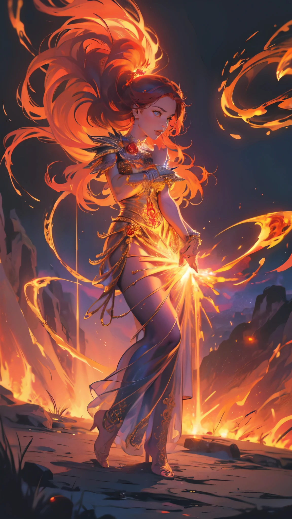 high details, best quality, 16k, [ultra detailed], masterpiece, best quality, (extremely detailed), full body, ultra wide shot, photorealistic, fantasy art, dnd art, rpg art, realistic art, an ultra wide picture of a female human (intricate details, Masterpiece, best quality: 1.5) goddess of fire  ((fiery radiant aura)), controlling a swirling red fire, fiery red radiant magic (1.5 intricate details, Masterpiece, best quality), manipulating purple radiant magical symbols, [[divine symbols]] (intricate details, Masterpiece, best quality: 1.5), human female, blond hair, long hair with aura, hair with red radiant eyes, intense eyes, ((radiant eyes)), (( red glowing eyes)), dynamic clothing, fantasy volcano back ground, stresms of lava,  celestial  background, ((divine worship atmosphere)), high details, best quality, highres, ultra wide angle, faize, 
