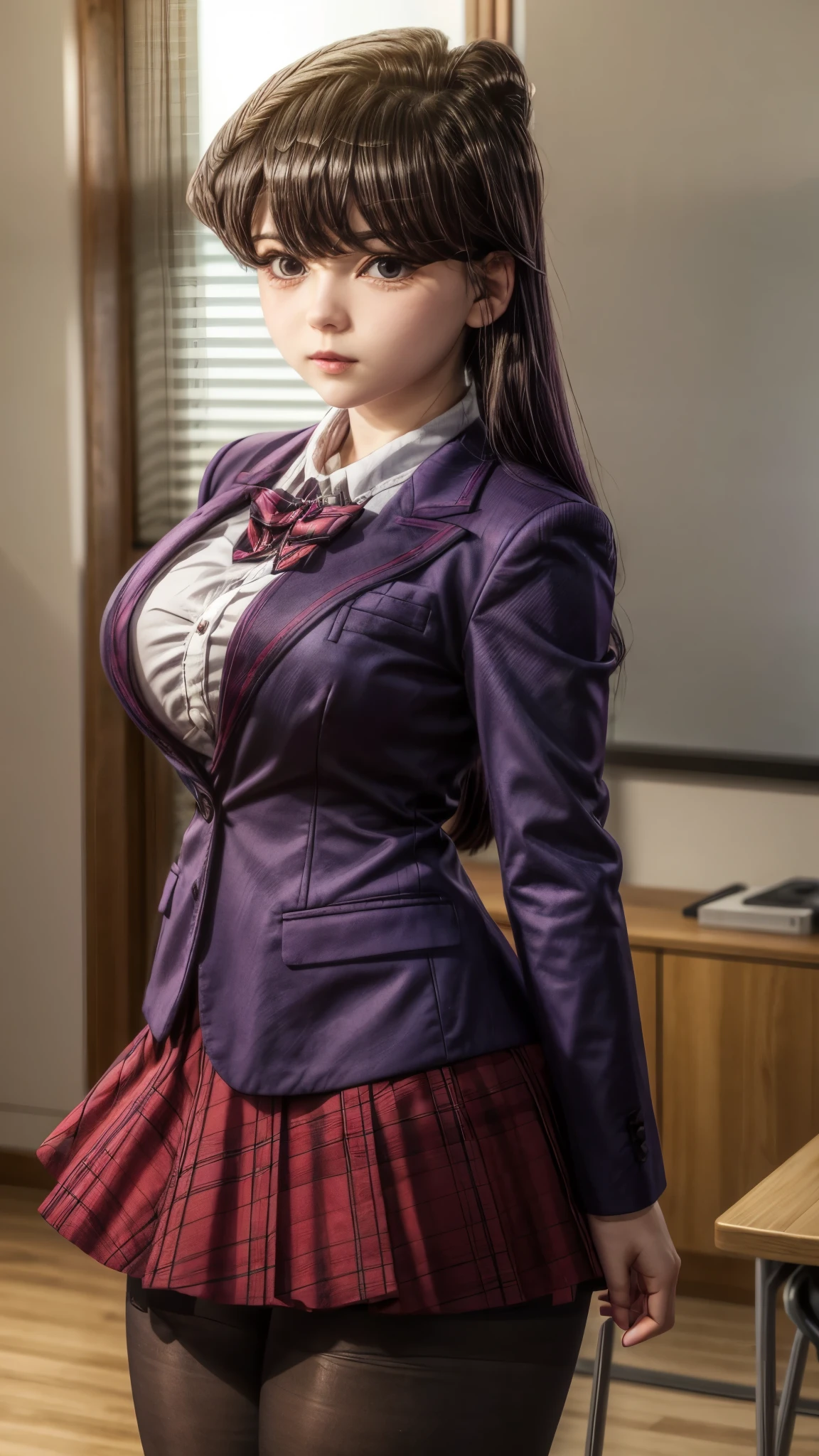 shokokomidef, purple hair, purple eyes, long hair, large breasts, thick thighs, curvy hips 
absurdres, 1girl, looking at viewer, standing, v arms, pantyhose, classroom, upper body, , red skirt, red bow, blazer,
masterpiece, best quality,