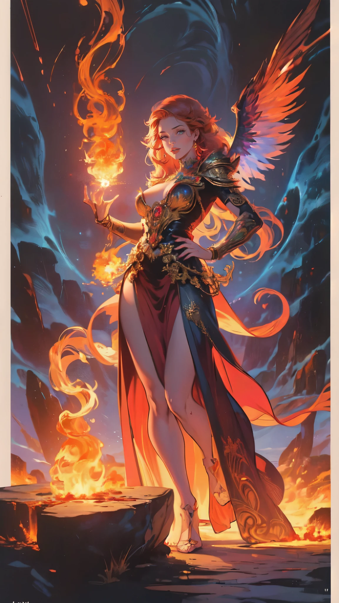 high details, best quality, 16k, [ultra detailed], masterpiece, best quality, (extremely detailed), full body, ultra wide shot, photorealistic, fantasy art, dnd art, rpg art, realistic art, an ultra wide picture of a female human (intricate details, Masterpiece, best quality: 1.5) goddess of fire  ((fiery radiant aura)), controlling a swirling red fire, fiery red radiant magic (1.5 intricate details, Masterpiece, best quality), manipulating purple radiant magical symbols, [[divine symbols]] (intricate details, Masterpiece, best quality: 1.5), human female, blond hair, long hair with aura, hair with red radiant eyes, intense eyes, ((radiant eyes)), (( red glowing eyes)), dynamic clothing, fantasy volcano back ground, stresms of lava,  celestial  background, ((divine worship atmosphere)), high details, best quality, highres, ultra wide angle, faize, 
