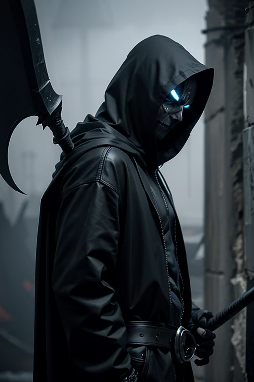 A half-human, half-demon character with death powers with a black hood and a black scythe