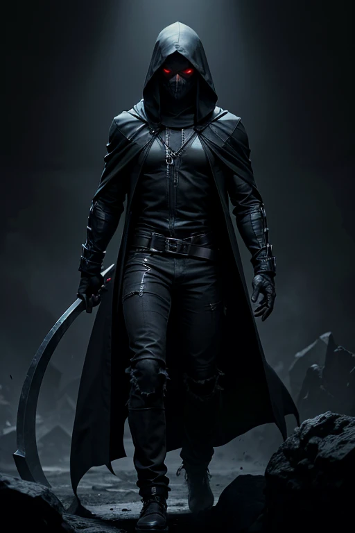 A half-human, half-demon character with death powers with a black hood and a black scythe