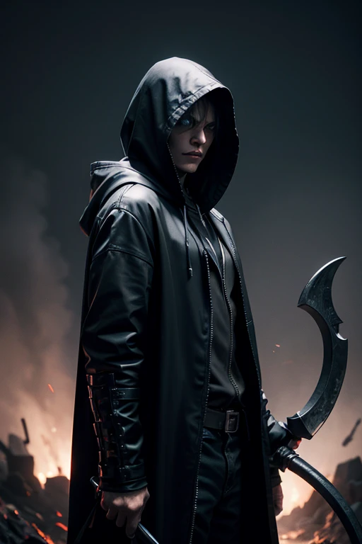 A half-human, half-demon character with death powers with a black hood and a black scythe 