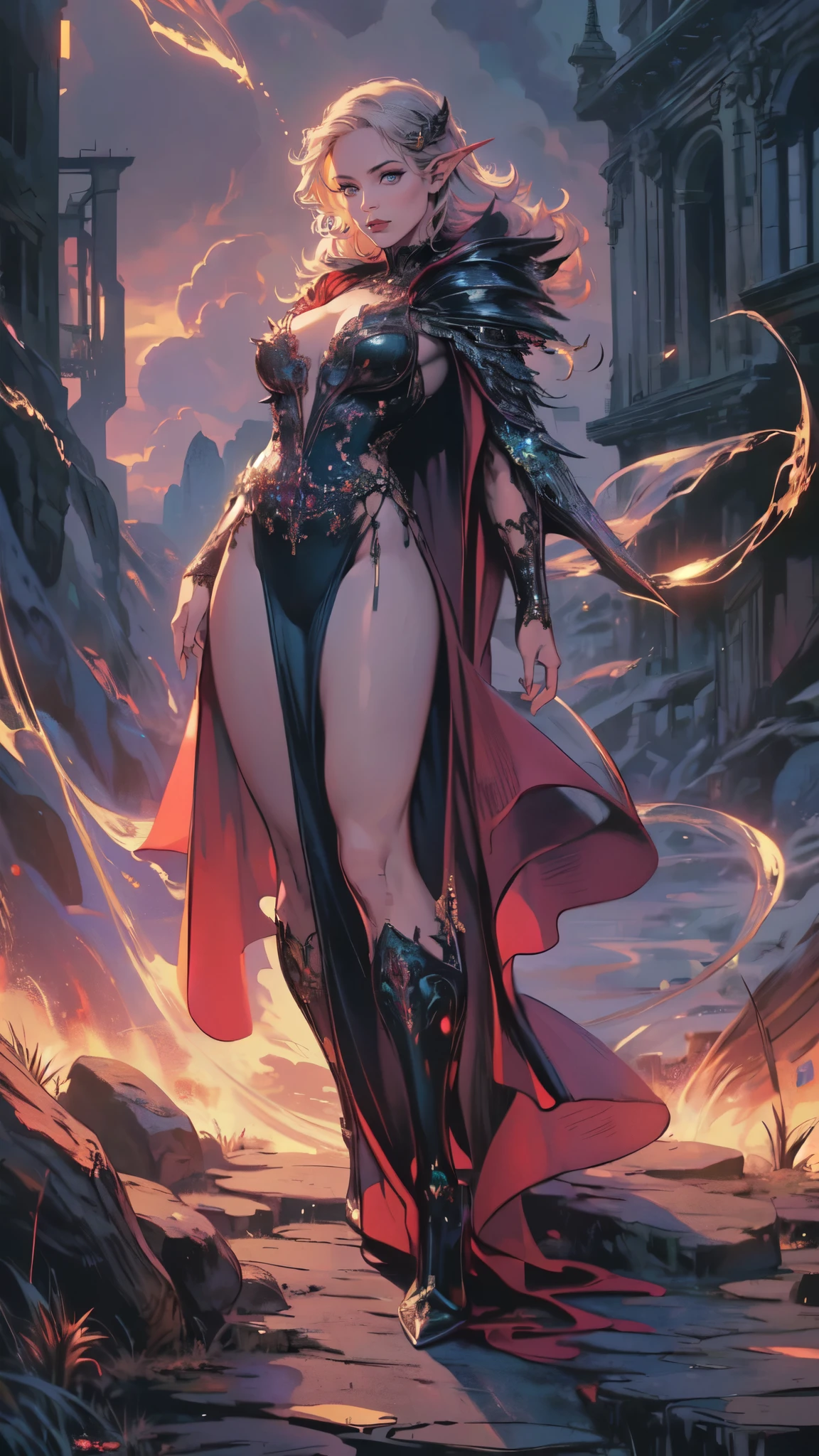 fantasy art, gothic art, (masterpiece:1.5), full body best details, highly detailed, best quality, Glowing Purple, highres, full body portrait of a vampire, elf (Masterpiece, best quality: 1.6), ultra feminine, wizard, (intricate details, Masterpiece, best quality: 1.5) with a long curvy hair, light color hair, blue eyes, (fantasy art, Masterpiece, best quality), ((beautiful delicate face)), Ultra Detailed Face (intricate details, fantasy art, Masterpiece, best quality: 1.5), [[vampiric fangs 1.5]] (red cloak: 1.3) , flowing cloak (intricate details, fantasy art, Masterpiece, best quality: 1.3), wearing an intricate black dress (intricate details, fantasy art, Masterpiece, best quality: 1.5), high heeled boots, urban background (intense details, beat details), fantasy, at night light, natural ,moon light, clouds, gothic atmosphere, soft light, dynamic light, [[anatomically correct]], high details, best quality, 8k, [ultra detailed], masterpiece, best quality, (extremely detailed), dynamic angle