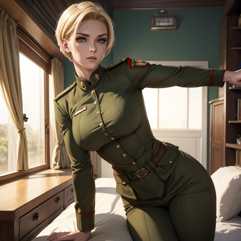 Beautiful Russian woman blonde muscular body perfect breasts short hair military face would be military uniform drawn style jojo bisarre aventure