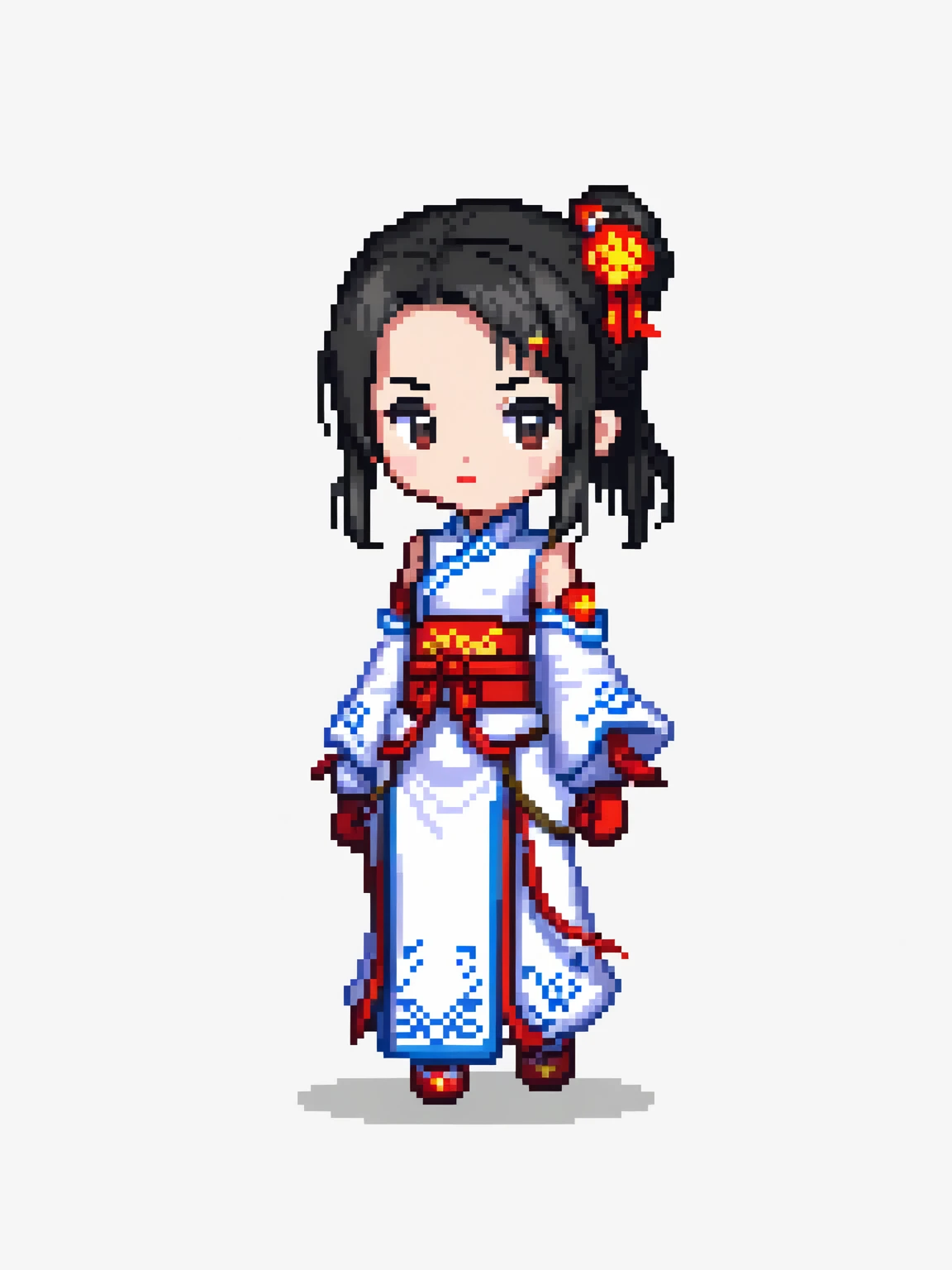 pixel art, china, character de jogo adulto, color white, roupa white, simple white background, game icon, 64 bit style