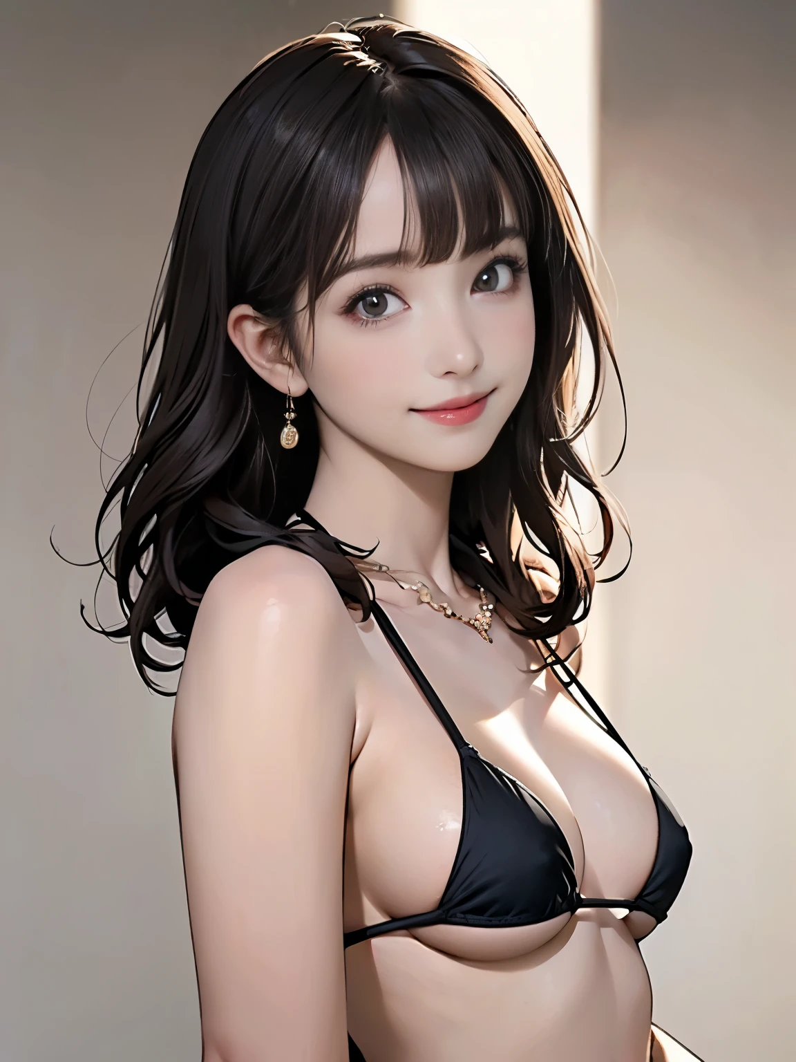 ((((highest quality))))、(((Ultra-precision CG16K wallpaper)))、(((masterpiece)))、(((Super detailed)))、(((Extreme detail)))、((1Mature 29 year old woman:1.6))、((Very beautiful Japanese faceatsushima Na々Child:1.traight medium hair、blunt bangs:1.5))、(Shown hair)、Beautiful brown eyes、Clearly defined pupils and whites of the eyes、eyeliner、eye shadow、High nose、Small nostrils、Small Mouth、Seductive lips、Beautiful breasts、((C c breasts))、Cleavage、Bl feet、eigd body、Perfect proportions、Perfect Anatomy、Perfect composition、Beautiful detailed shading、Beautiful, natural lighting、Beautiful detail glow、Depth of written boundary、(((High chroma)))、(((Real:1.9)))、((vivid:1.5))、((Beautiful Skin))、((Skin Texture))、((Realな皮膚感))、(((Bust Shot:1.6)))、((Front view、shoot from front、Front low angle:1.6))、(((smile:1.6)))、((The woman is at this、looking at viewer、Facing forward:1.6))、Bright daylight、Natural light、(((Plain background、Spotlight:1.3)))、(Fashion model pose:1.6)、(((Black micro bikini swimsuit:1.6)))、((Wearing a necklace:1.3))、