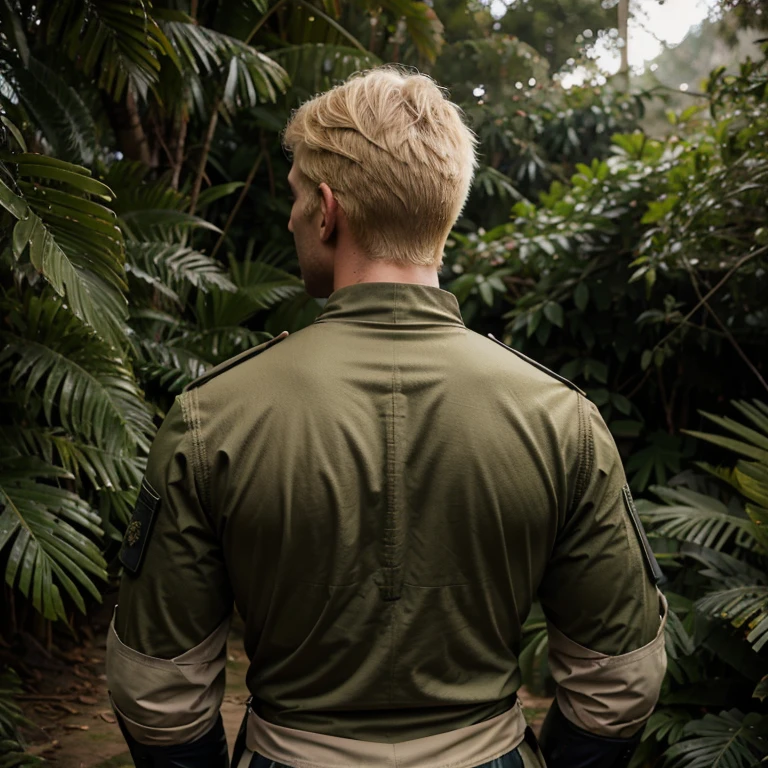 tall blond man with broad shoulders and big arms, roupa de soldado com uniforme militar de guerra preto e capacete e mascara, Vision of the back, segurando uma arma grande enquanto observa uma floresta escura